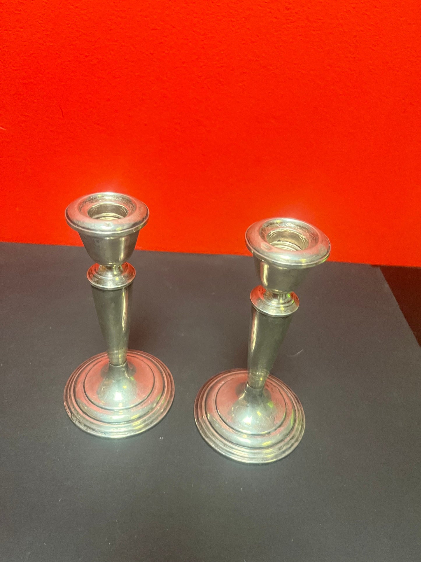 Pair of heavy beautiful antique sterling  6 1/2 inch tall candlesticks