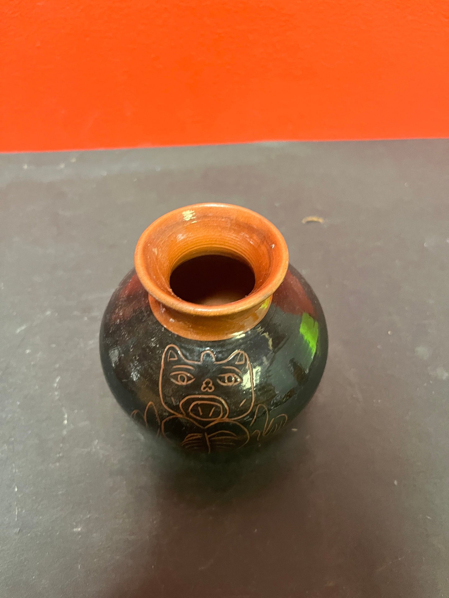 A  Lovely 4 inch high Canadian indigenous first nations  Haida pottery vase   signed  great imagery  perfect condition