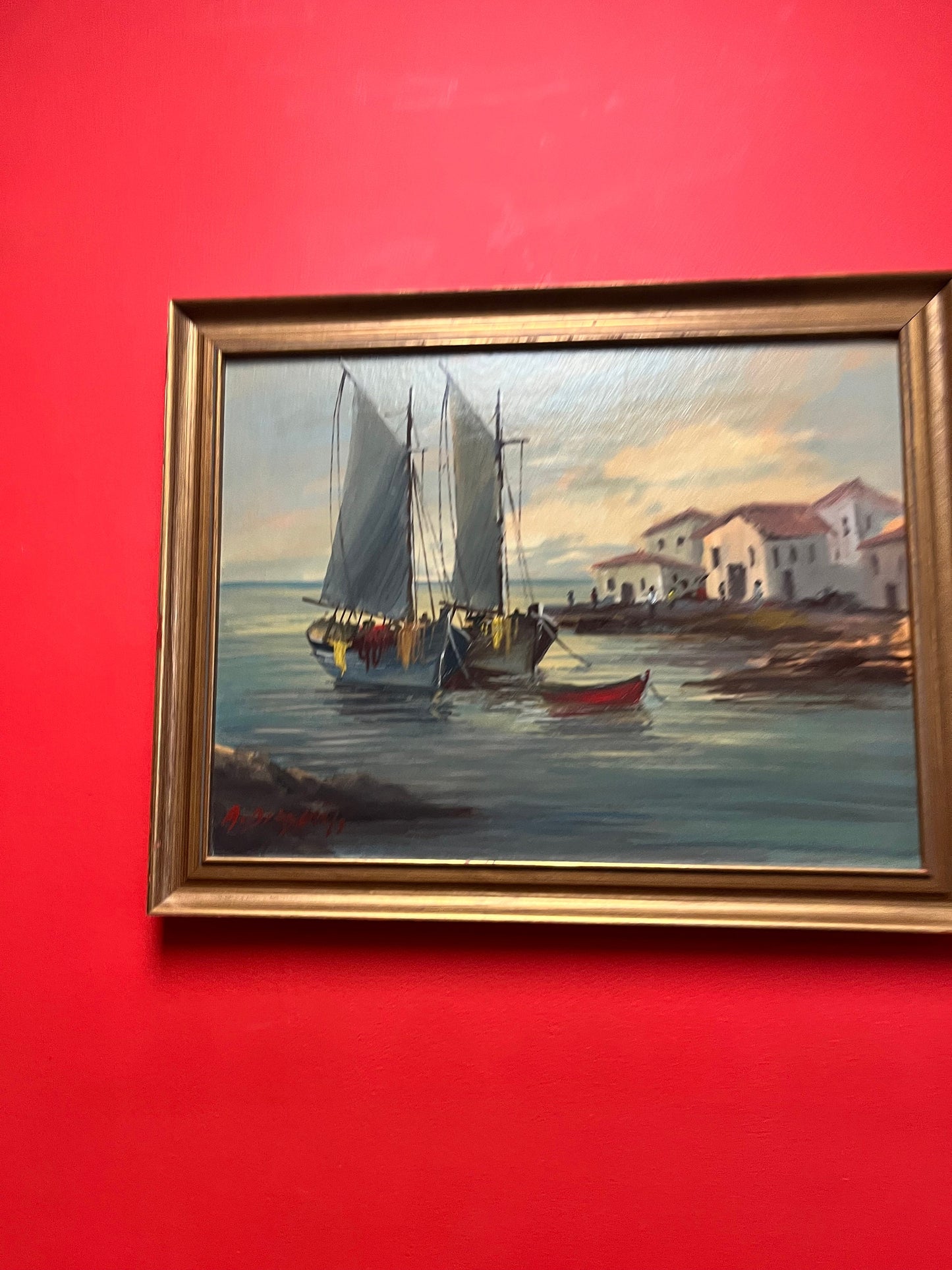 Absolutely fabulous 22 x 17 vintage Greek signed painting   lovely frame  provenance on back  wow