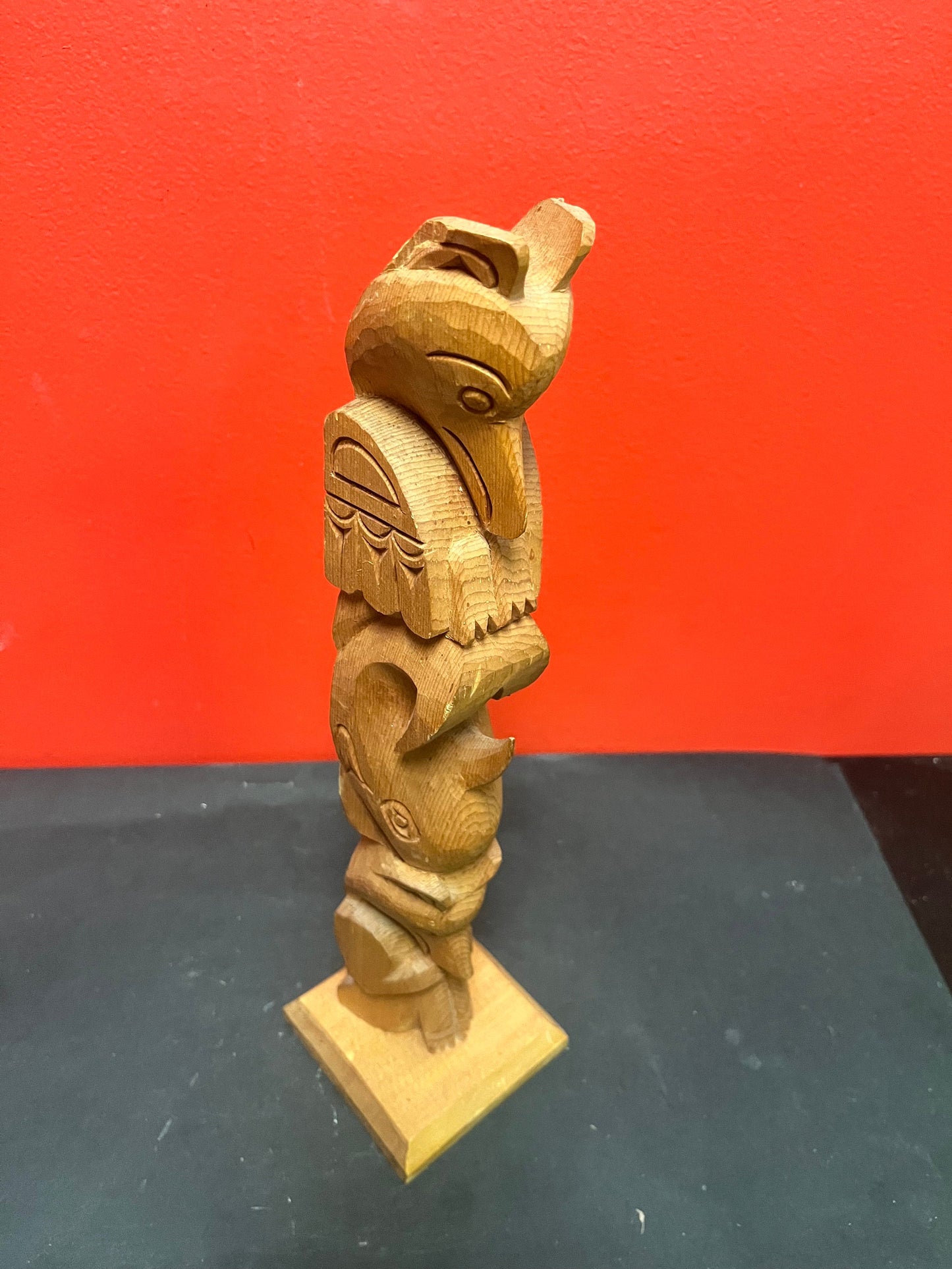 Fantastic 16 inch tall signed cedar indigenous first nations Pacific northwest coast totem pole   absolute beauty  chip on ear