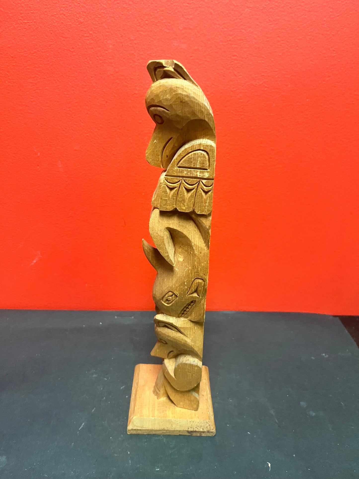 Fantastic 16 inch tall signed cedar indigenous first nations Pacific northwest coast totem pole   absolute beauty  chip on ear