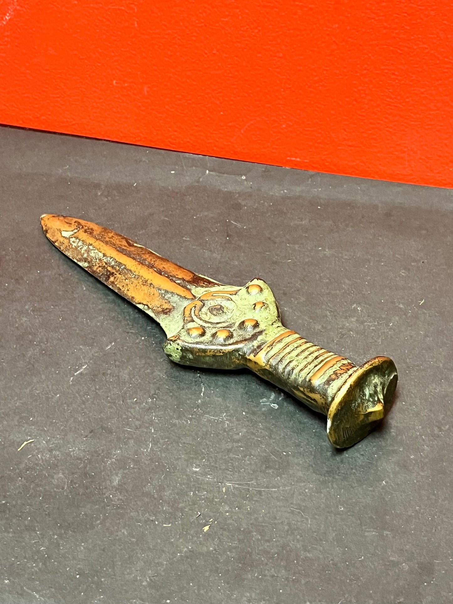 Stunning 11 inch antique heavy bronze dagger knife with great  patina country of origin unknown  really wonderful rare piece  wow