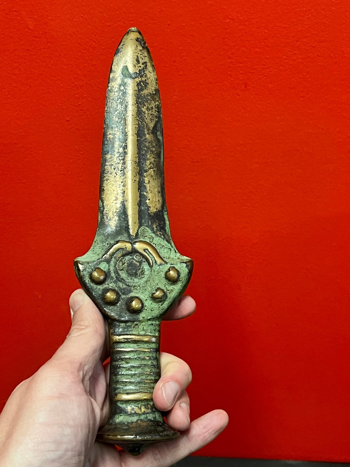 Stunning 11 inch antique heavy bronze dagger knife with great  patina country of origin unknown  really wonderful rare piece  wow