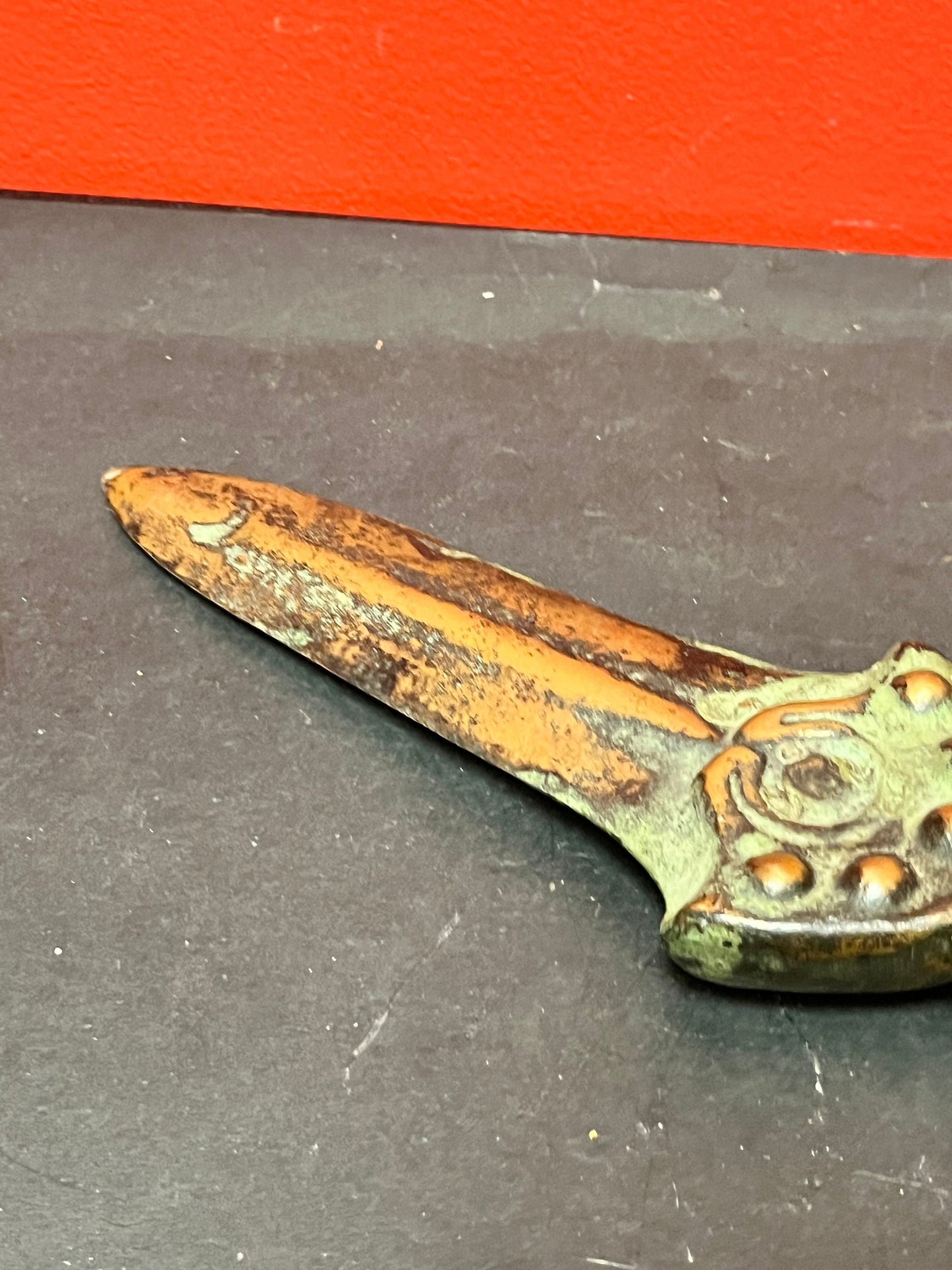 Stunning 11 inch antique heavy bronze dagger knife with great  patina country of origin unknown  really wonderful rare piece  wow