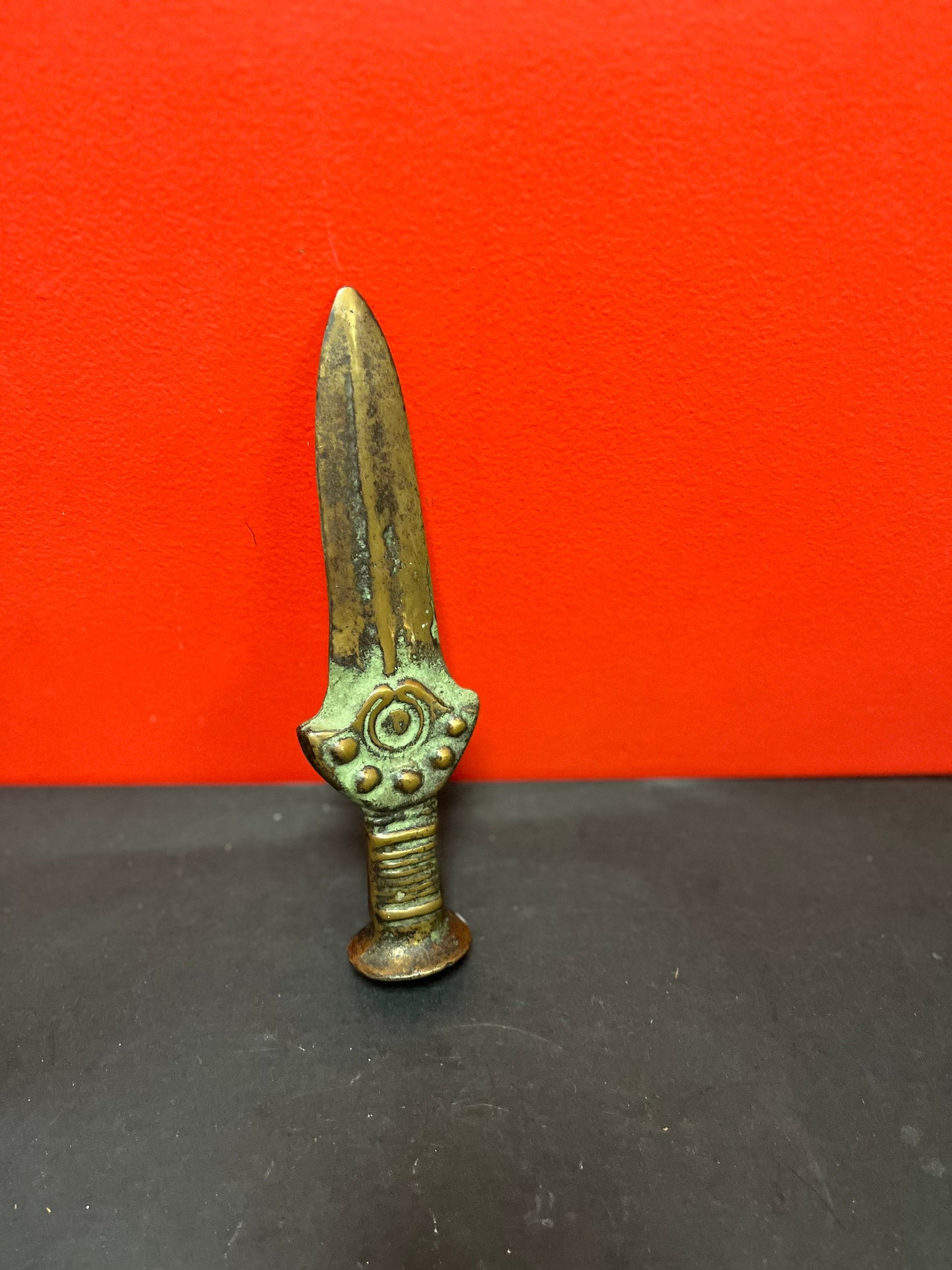 Stunning 11 inch antique heavy bronze dagger knife with great  patina country of origin unknown  really wonderful rare piece  wow