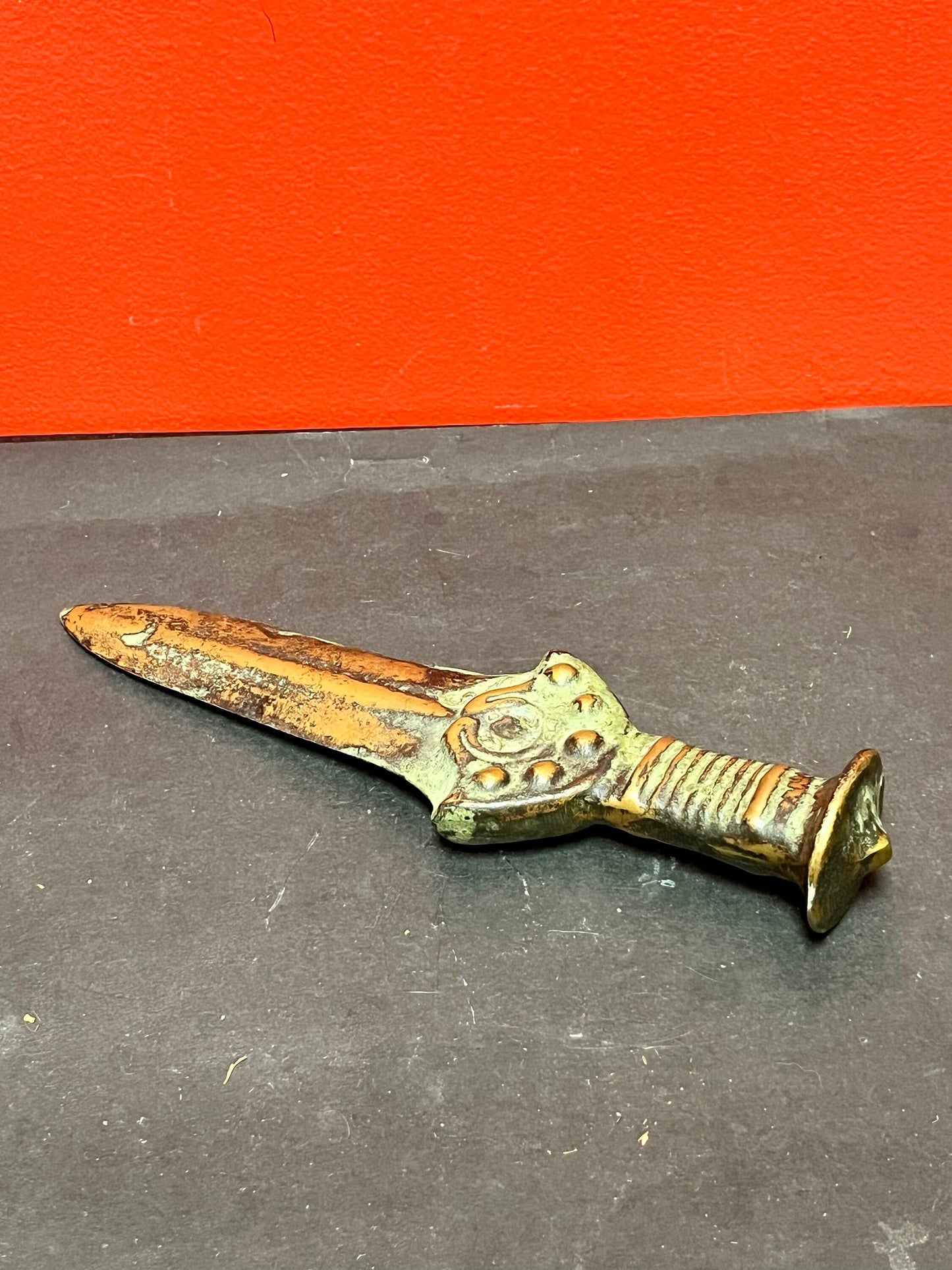 Stunning 11 inch antique heavy bronze dagger knife with great  patina country of origin unknown  really wonderful rare piece  wow