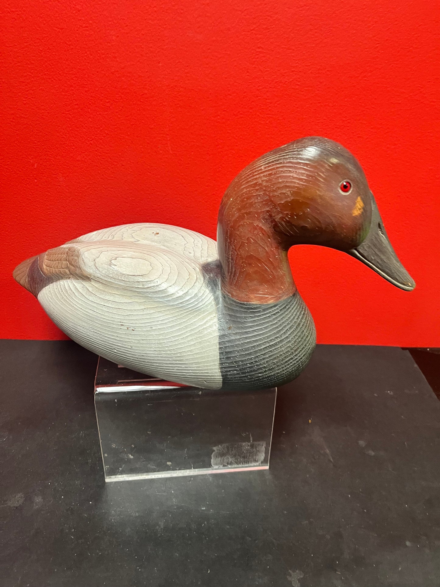 Lovely signed Canadian 16 x 8 high antique wooden duck  good condition and lovely patina  fabulous gift