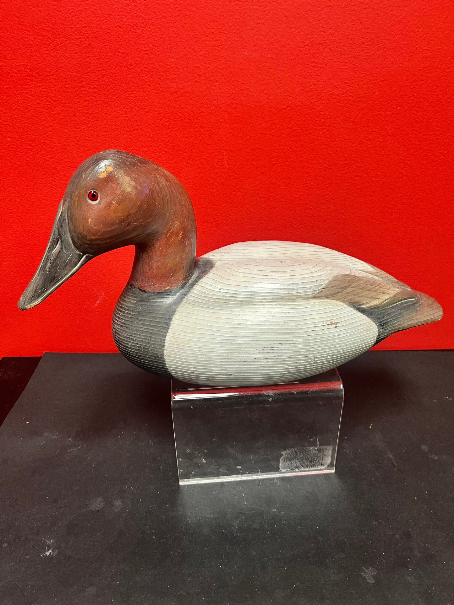 Lovely signed Canadian 16 x 8 high antique wooden duck  good condition and lovely patina  fabulous gift