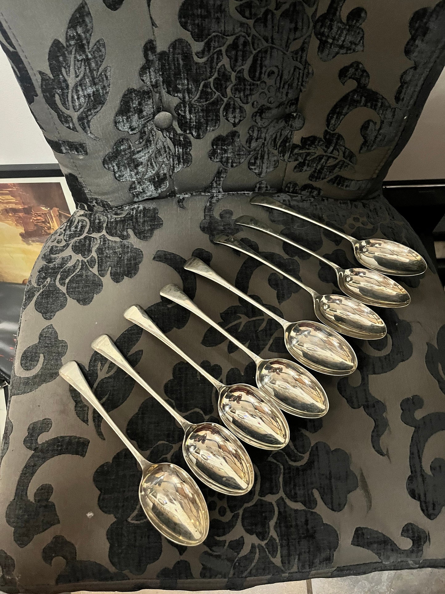 Set 8 English Antique silver plated spoons8  a half inches long each  Good condition and ready to use