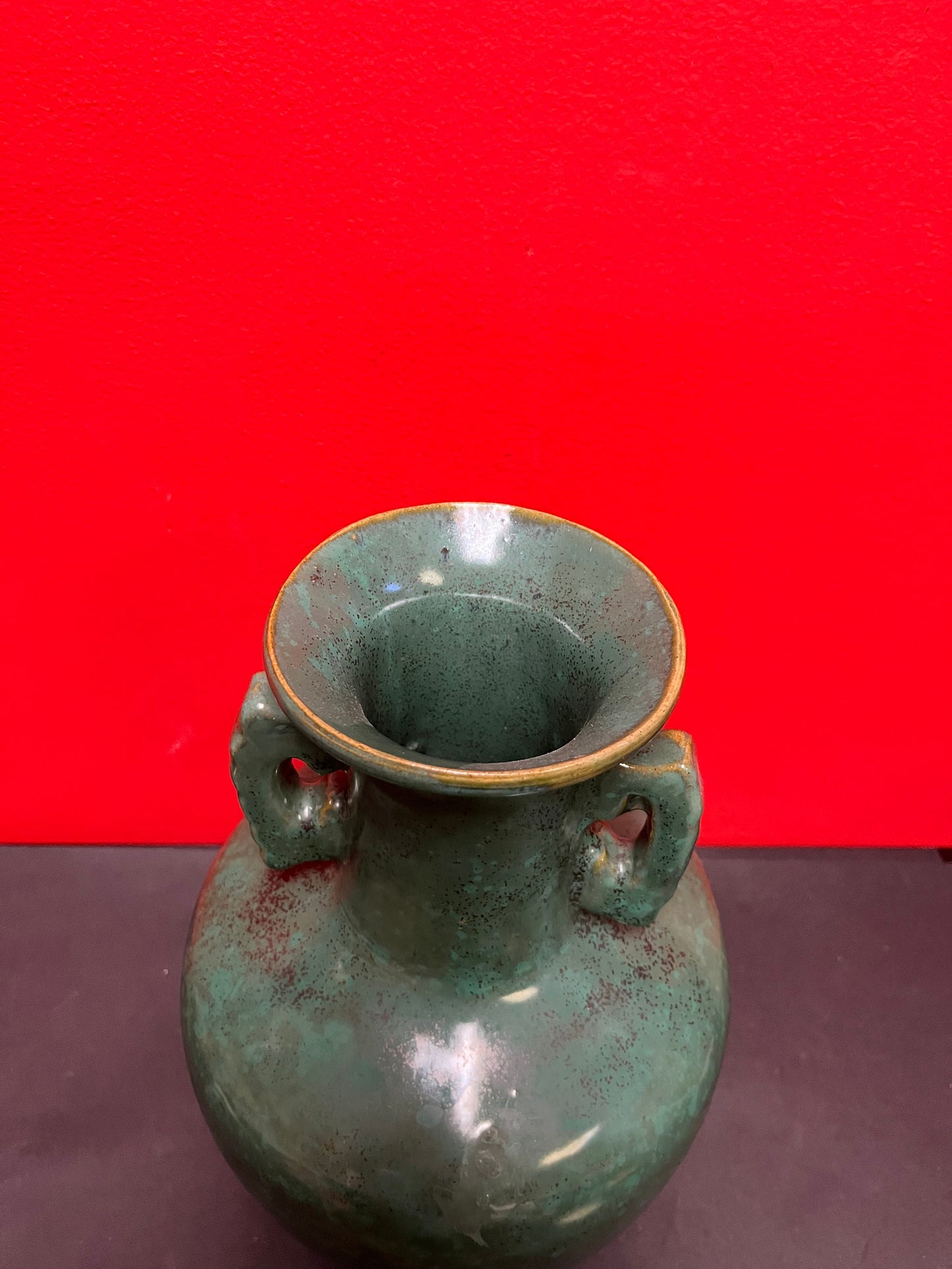 A  Stunning Chinese 13 inch tall antique Ming dynasty style double handled vase  impressive size and good condition intense glaze