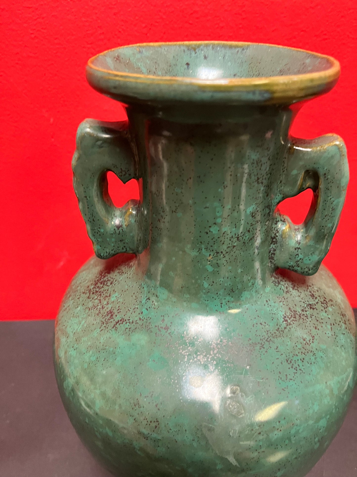 A  Stunning Chinese 13 inch tall antique Ming dynasty style double handled vase  impressive size and good condition intense glaze