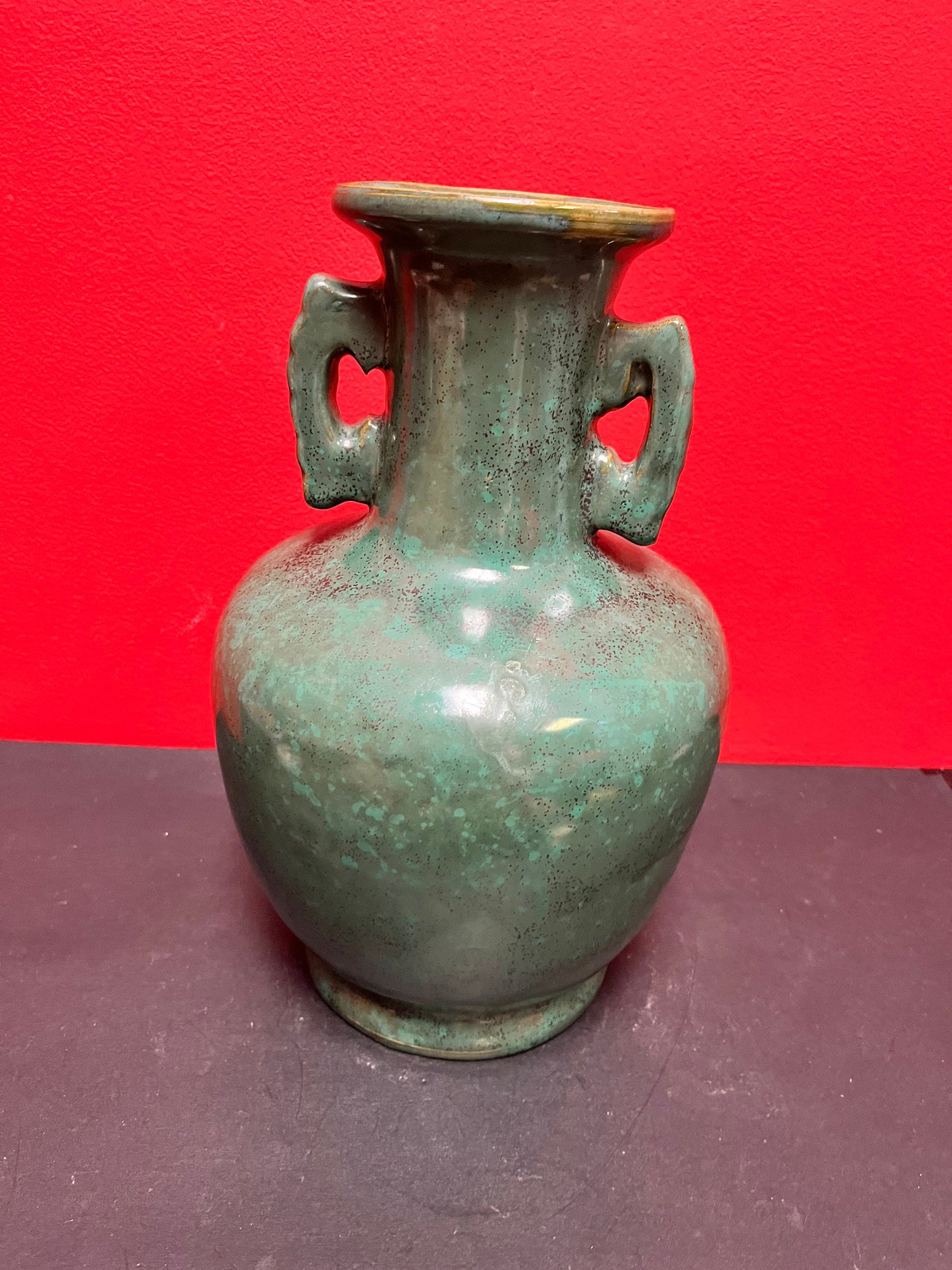 A  Stunning Chinese 13 inch tall antique Ming dynasty style double handled vase  impressive size and good condition intense glaze