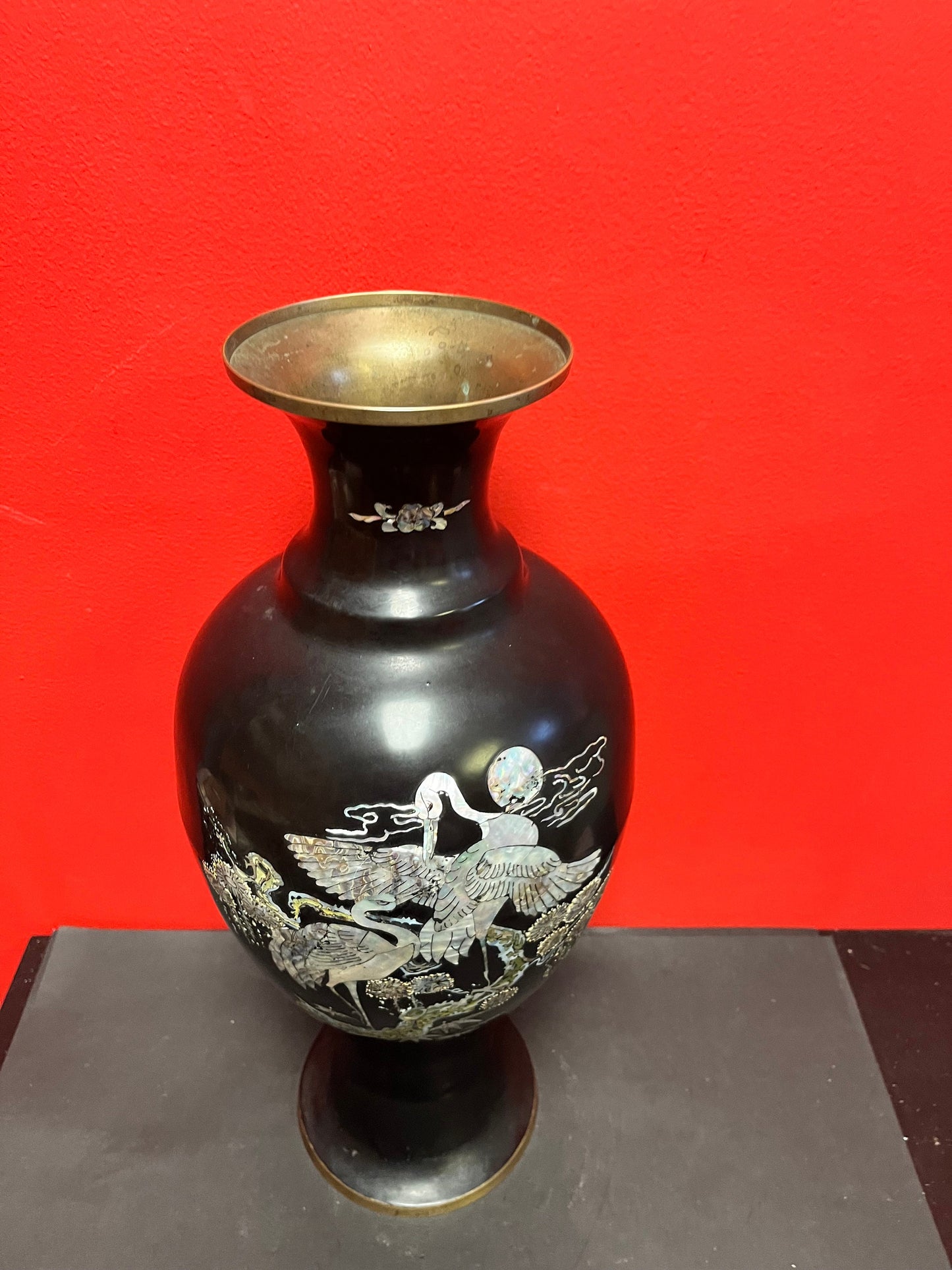 Stunning Japanese brass lacquer and mother of pearl vase  great imagery  19 inches tall  statement piece