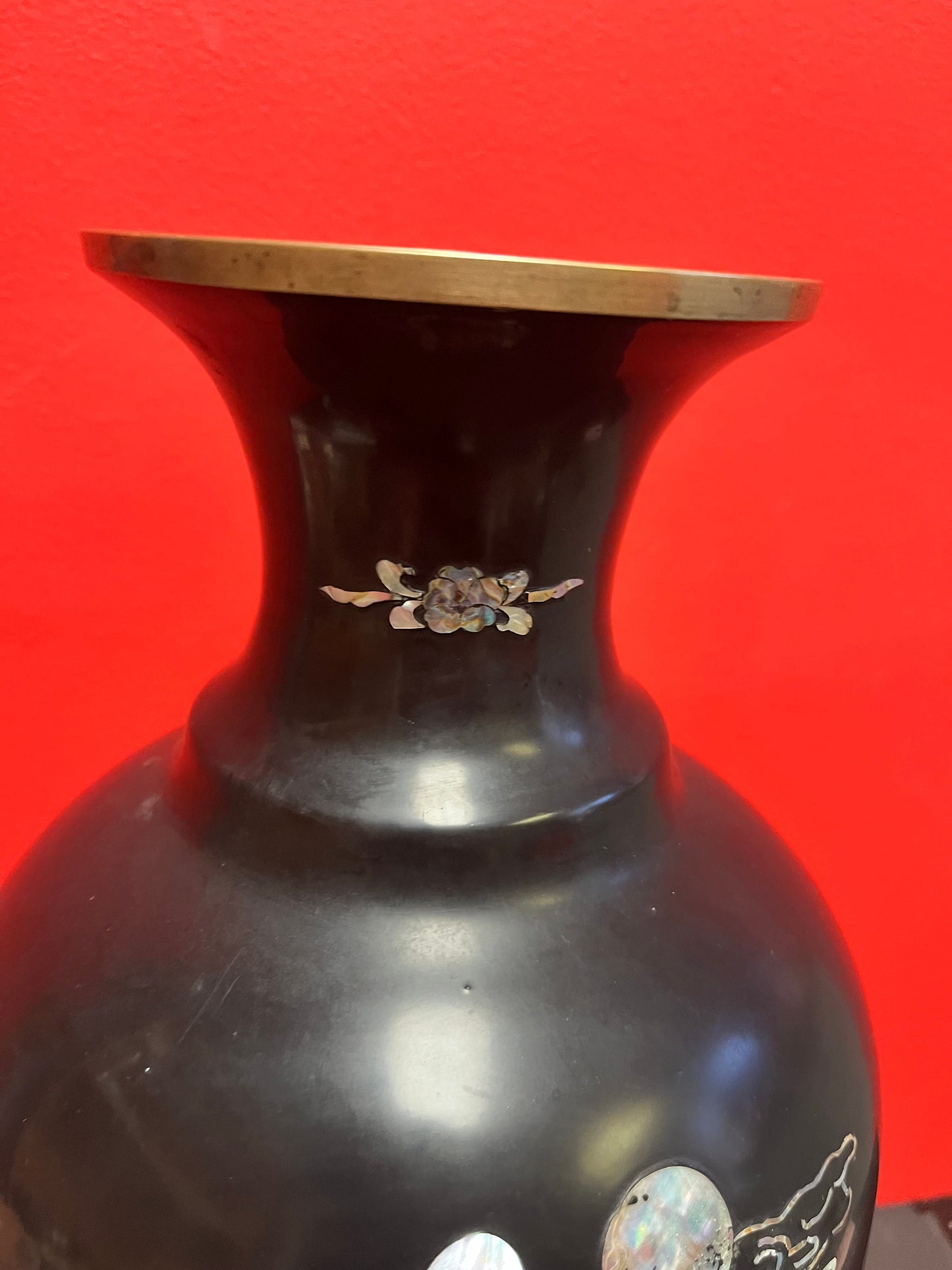 Stunning Japanese brass lacquer and mother of pearl vase  great imagery  19 inches tall  statement piece