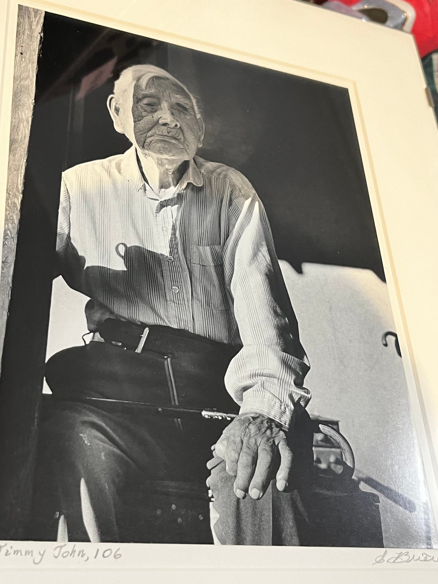 14 x 11  inch black-and-white photo of famous Canadian indigenous artist Jimmy John — signed by photographer— cool imagery — ready to hang