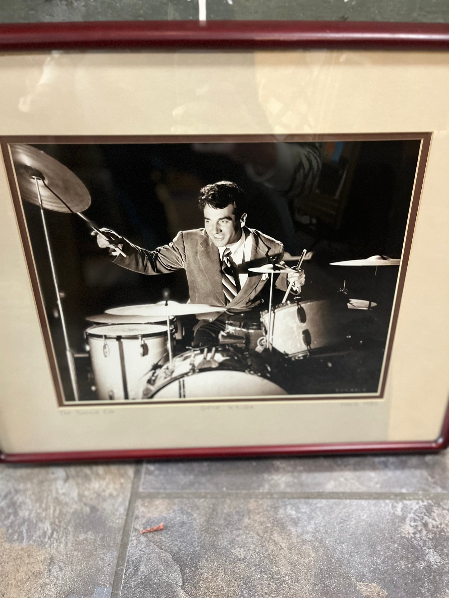 21 x 17 inch 1935 Gene Krupa photo in great wooden frame  wonderful jazz imagery  great gift  with authenticity info on back