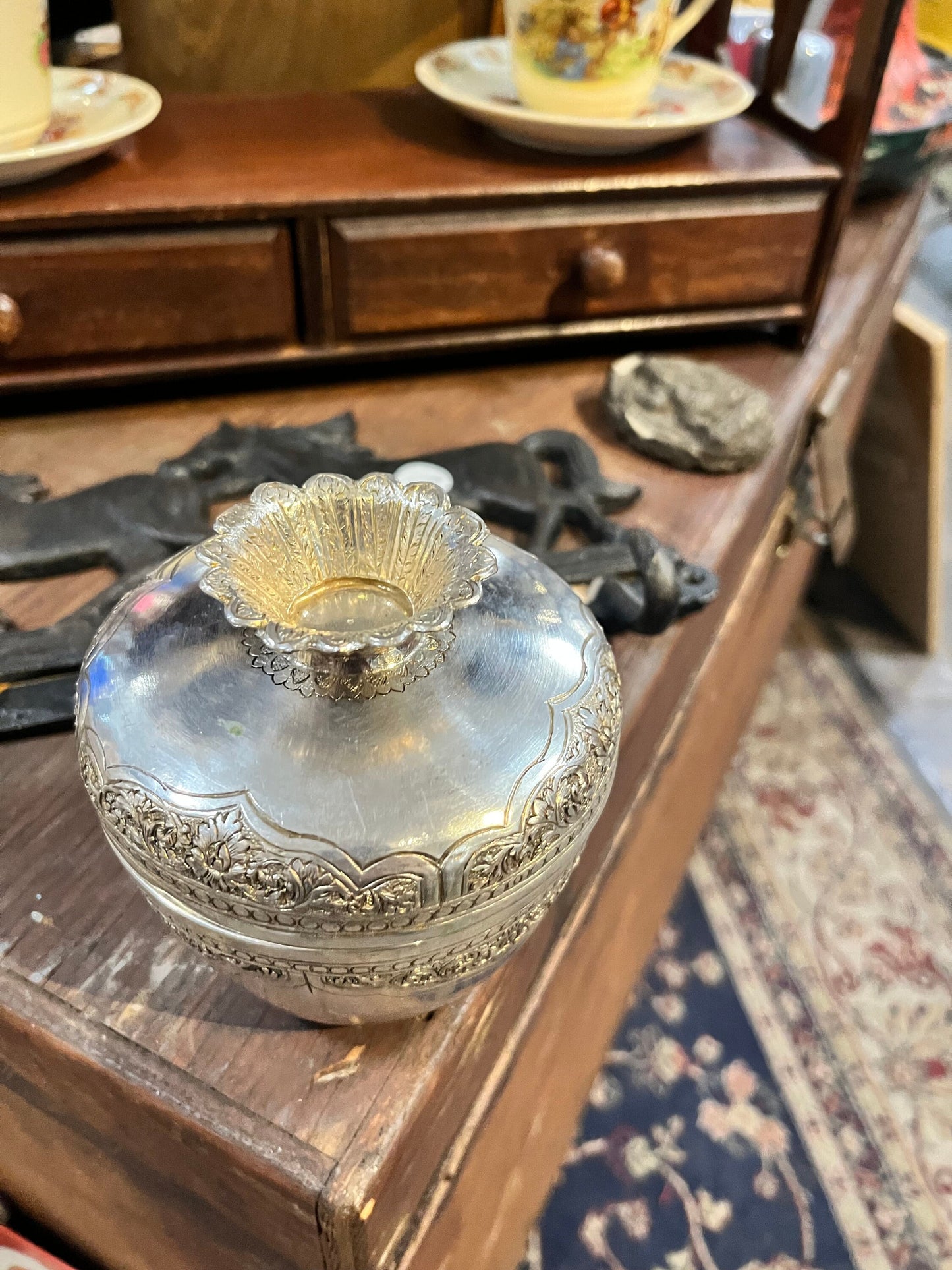 Lovely 5 inch tall untested silver raj lidded  pot  wonderful decoration  great value