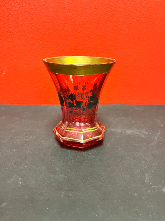 Stunning 19 century 5 inch high European Bohemian enamelled on Ruby spa glass  intense detail and perfect condition