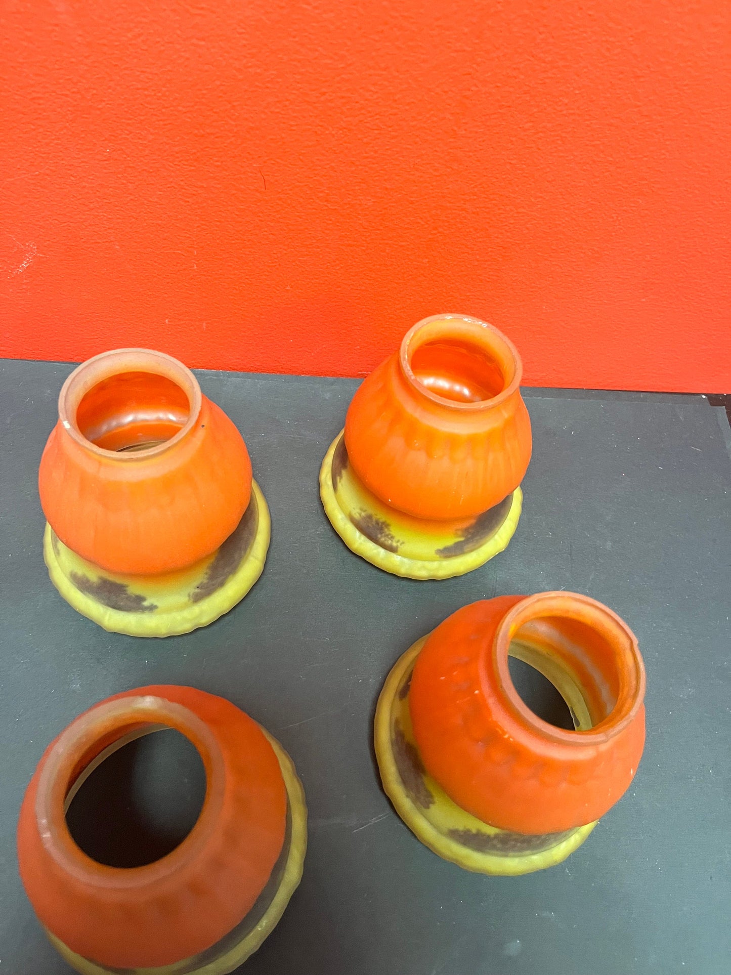 Set a for fabulous antique European inside painted lampshades   5 1/2“ x 4 1/4“ wide very good condition  Galle style