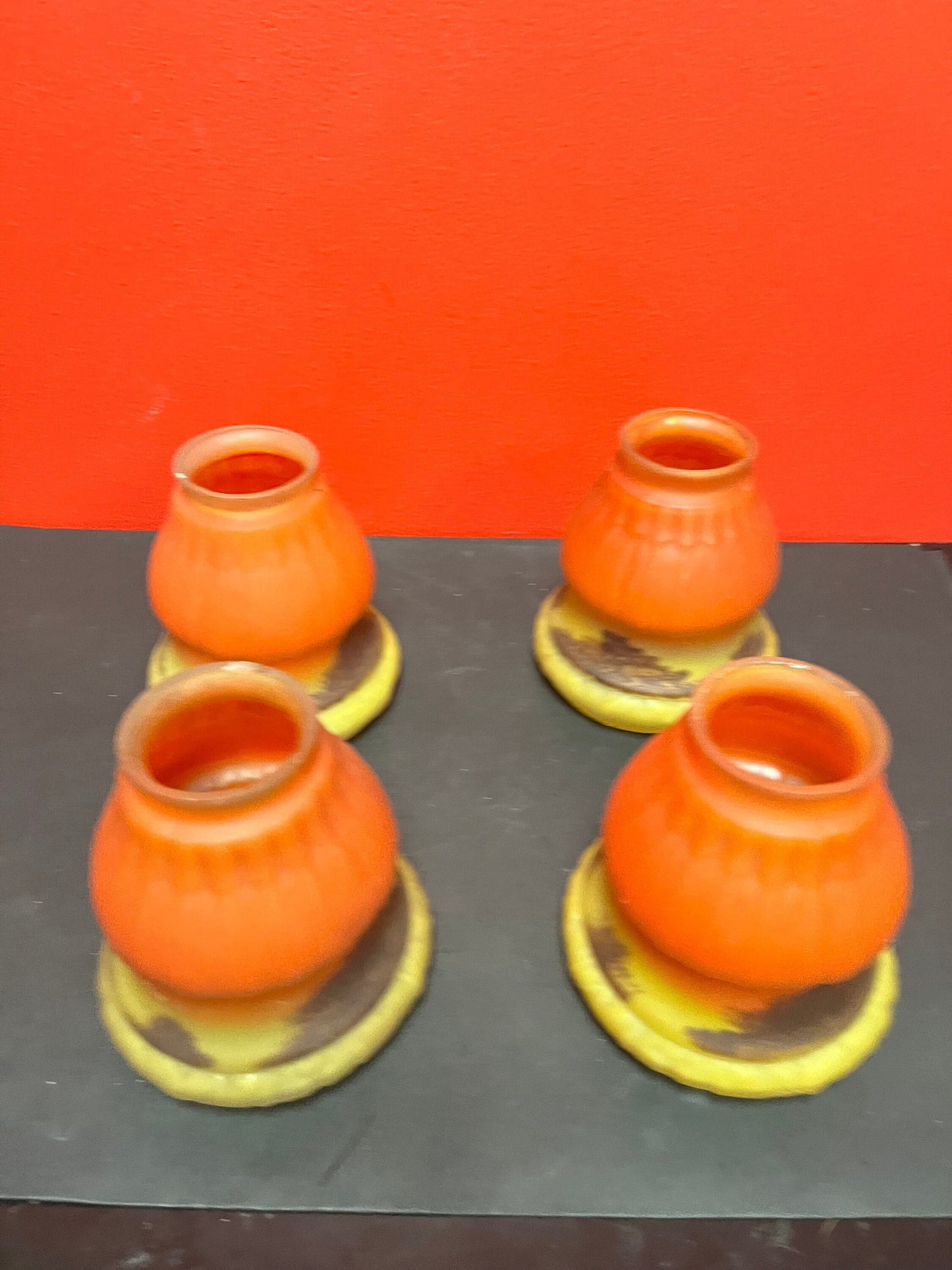 Set a for fabulous antique European inside painted lampshades   5 1/2“ x 4 1/4“ wide very good condition  Galle style