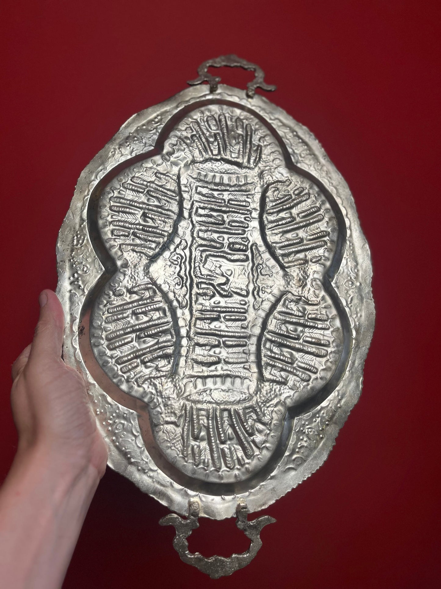 Beautiful antique 19 x 11 untested, silver Persian heavily decorated serving tray  wonderful gift and great price