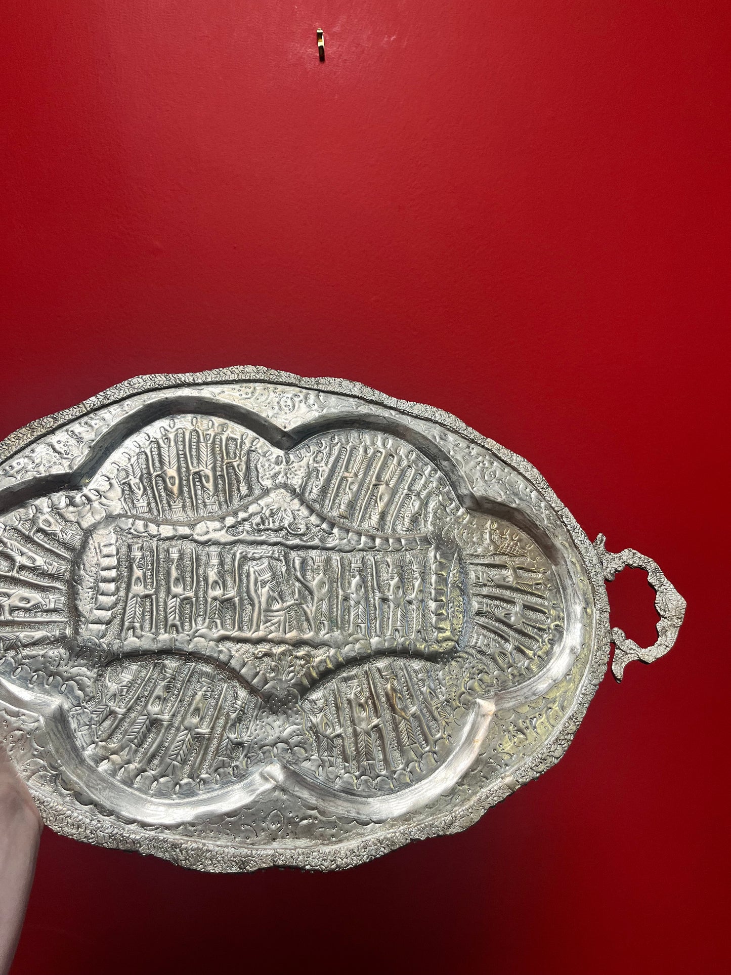 Beautiful antique 19 x 11 untested, silver Persian heavily decorated serving tray  wonderful gift and great price