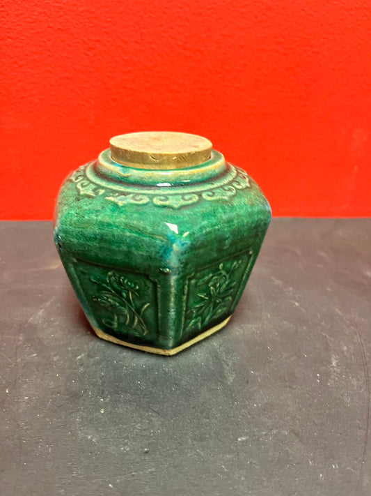 Older 4 inch tall, Chinese glazed ginger jar with lid -
