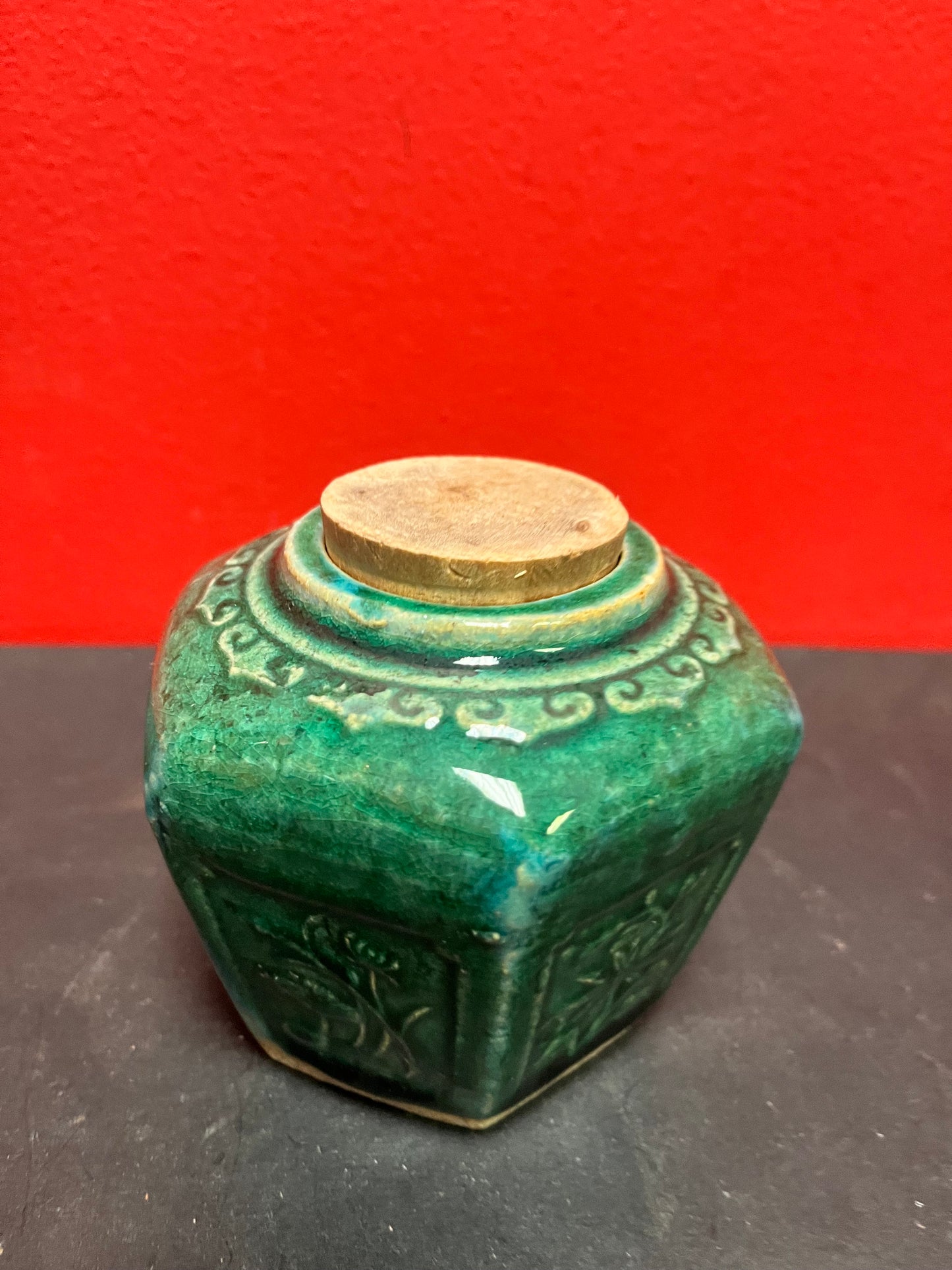 Older 4 inch tall, Chinese glazed ginger jar with lid -