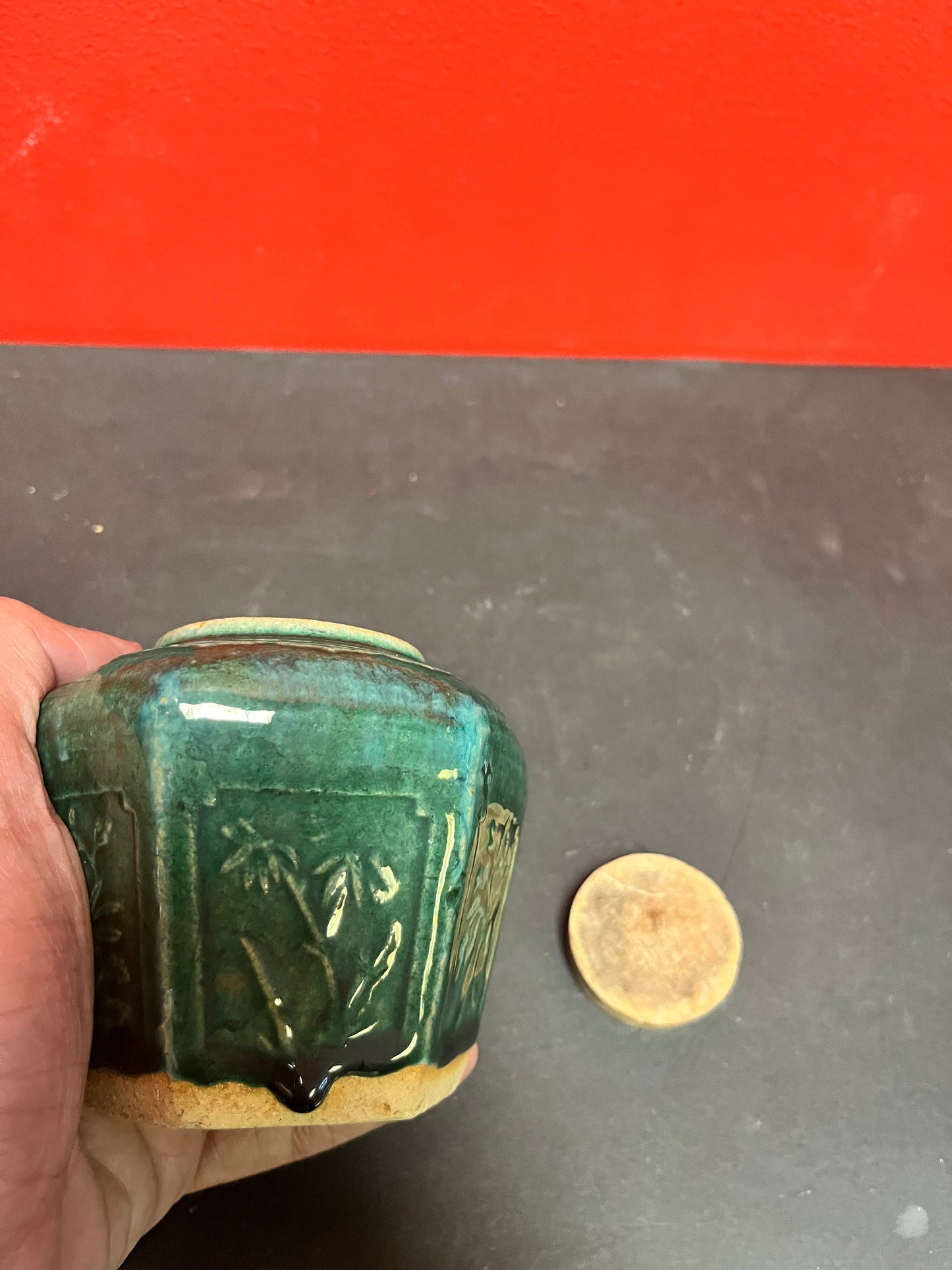Older 4 inch tall, Chinese glazed ginger jar with lid -