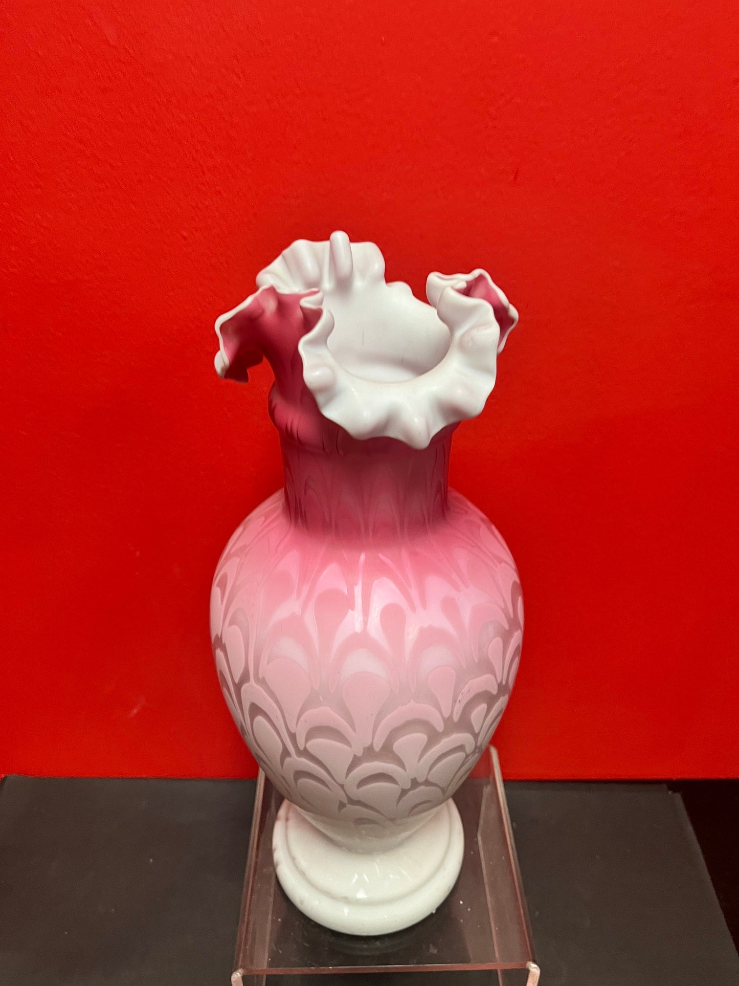 Magnificent 14 inch tall English antique Victorian satin glass ruffled vase  Mint condition  Wonderful example  Victorian satin glass