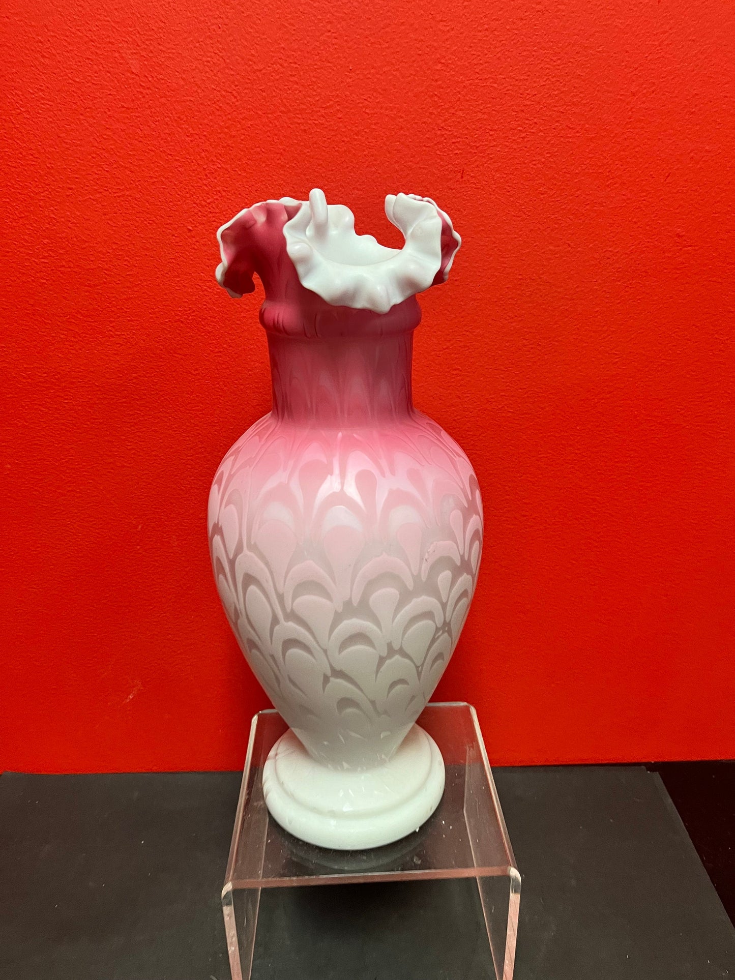 Magnificent 14 inch tall English antique Victorian satin glass ruffled vase  Mint condition  Wonderful example  Victorian satin glass