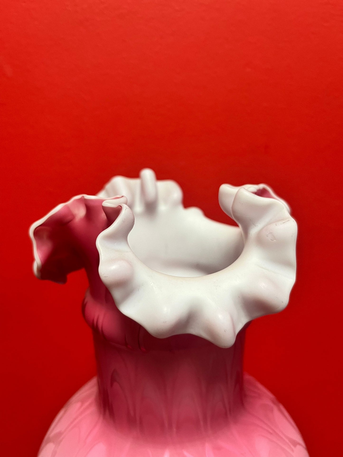 Magnificent 14 inch tall English antique Victorian satin glass ruffled vase  Mint condition  Wonderful example  Victorian satin glass