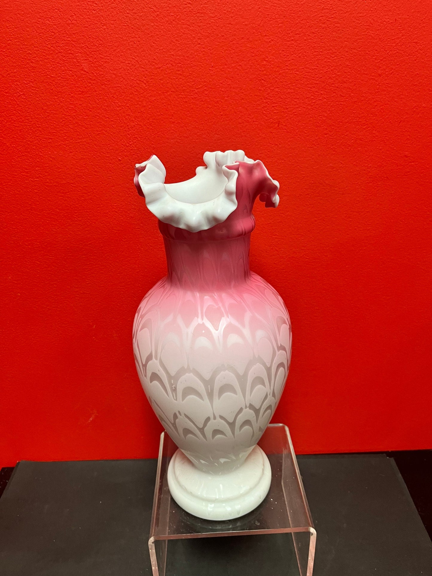 Magnificent 14 inch tall English antique Victorian satin glass ruffled vase  Mint condition  Wonderful example  Victorian satin glass