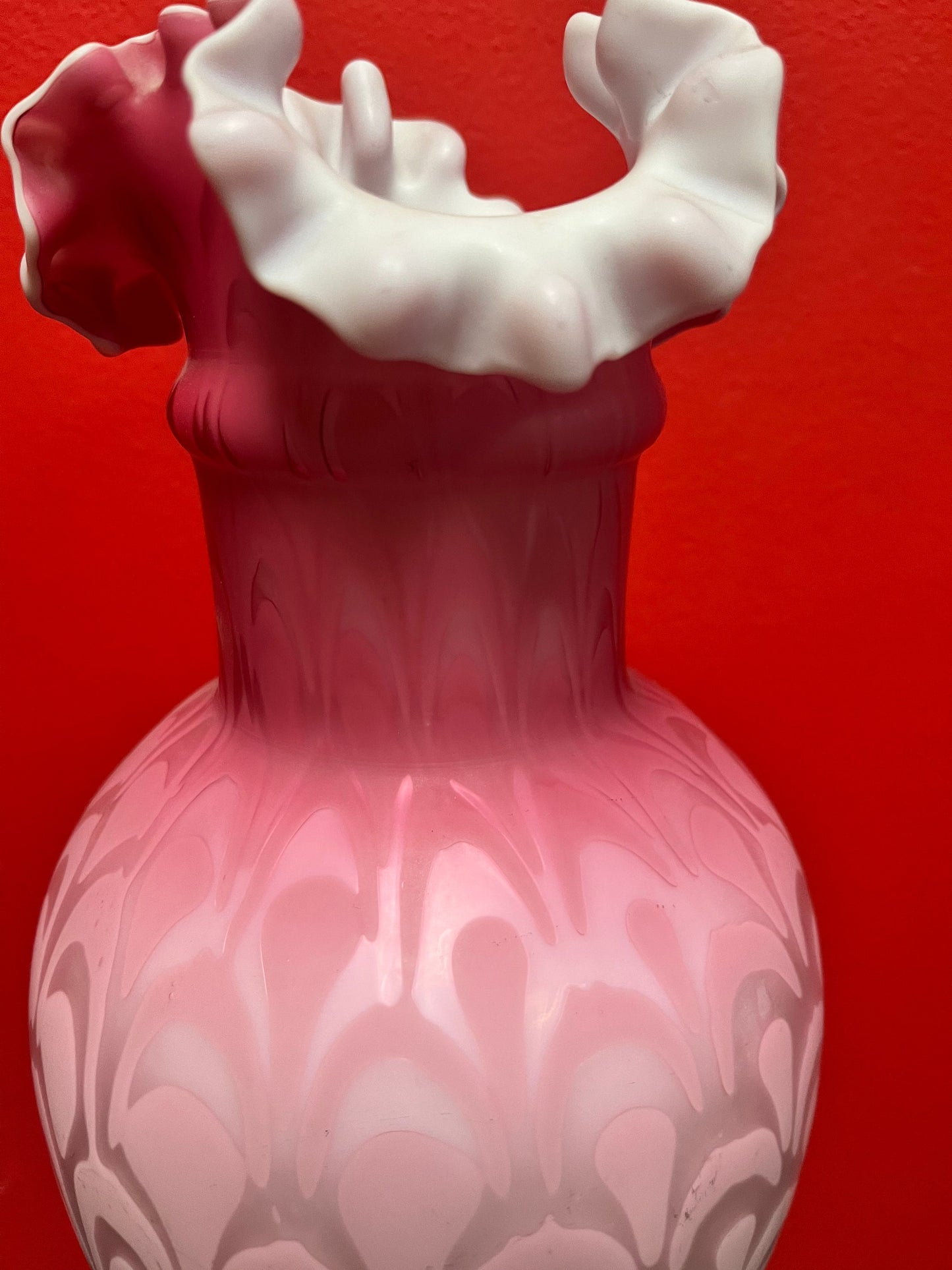 Magnificent 14 inch tall English antique Victorian satin glass ruffled vase  Mint condition  Wonderful example  Victorian satin glass