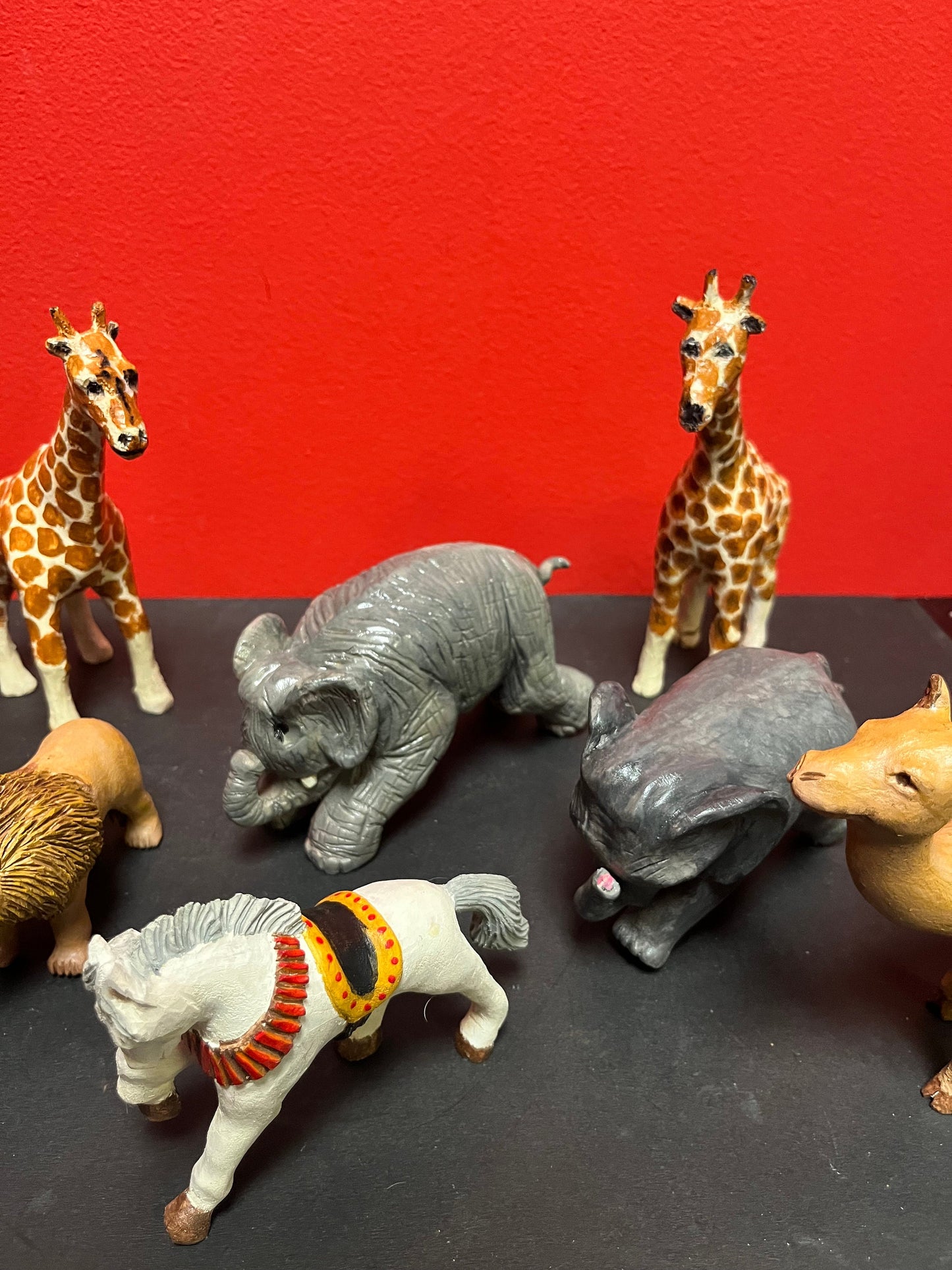 An  Amazing collection of older American  wooden folk art circus animals  great detail  perfect as gifts  up to 6 inches each