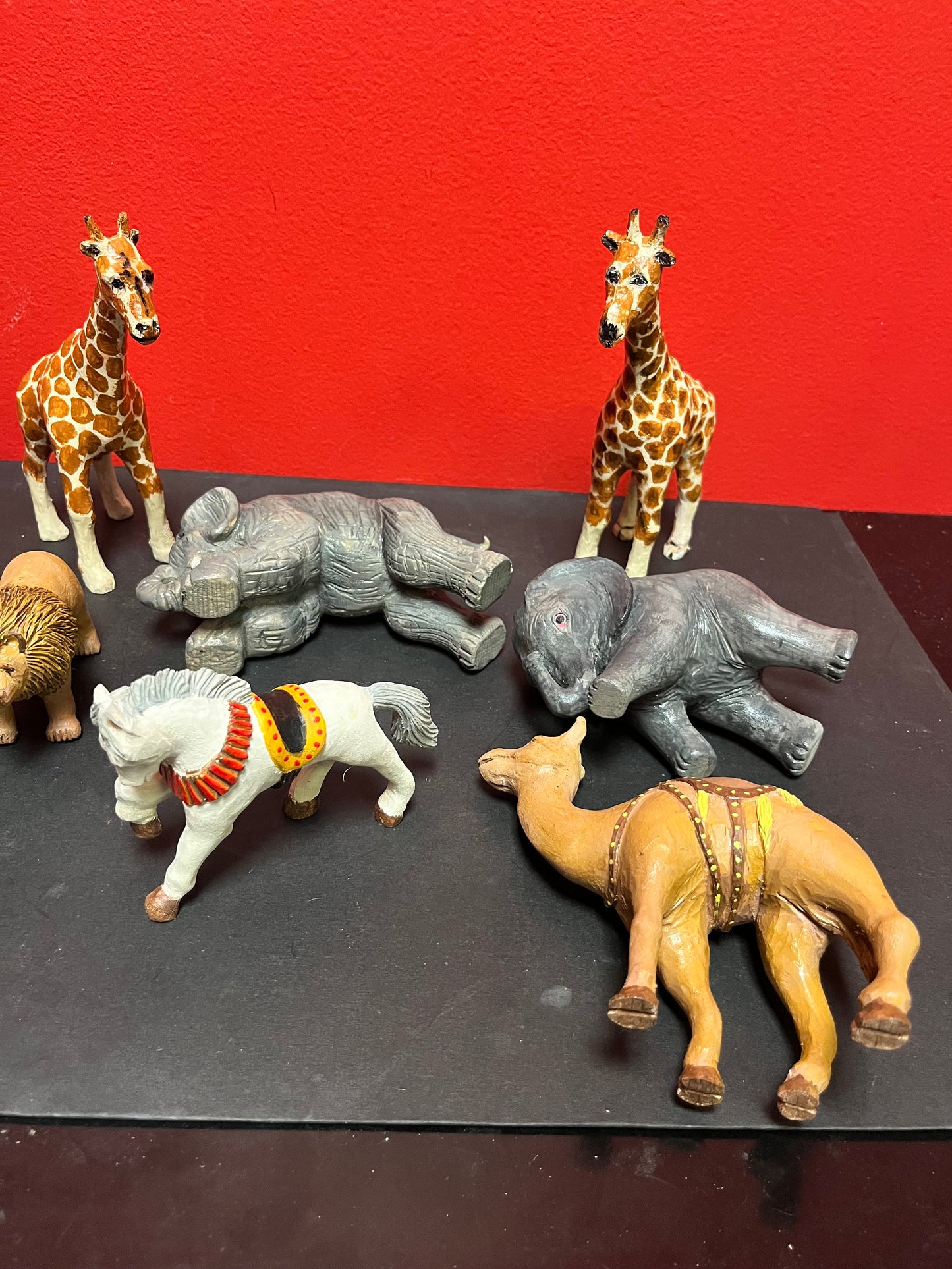 An  Amazing collection of older American  wooden folk art circus animals  great detail  perfect as gifts  up to 6 inches each
