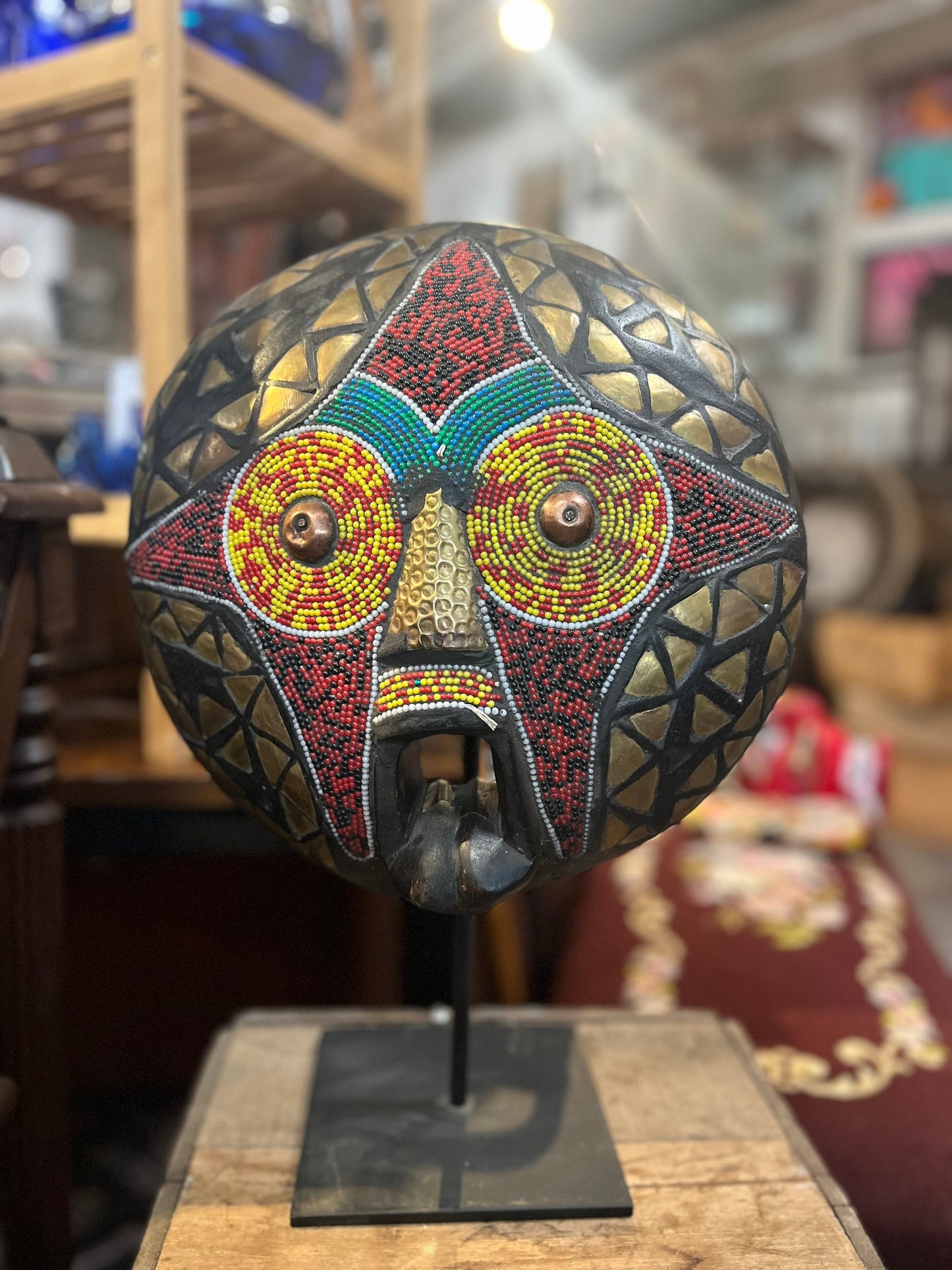 Very cool Africa Ghana beaded wooden mask  - stand not included -  hangs on the wall-/. 12 inch tall.