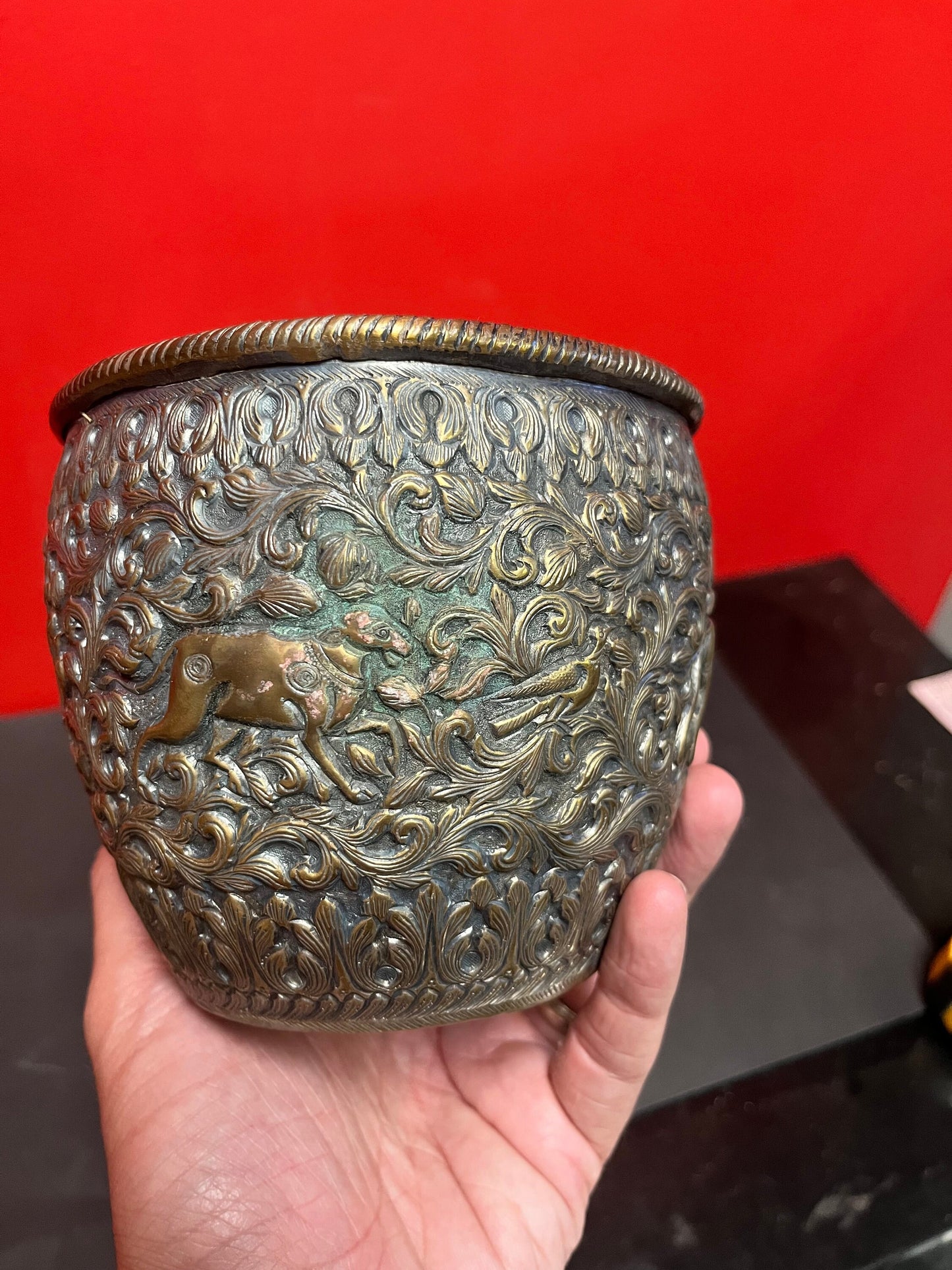 5 x 5.5 brass on silver plate plant pot  Indian raj silver  amazing detail and imagery  wow