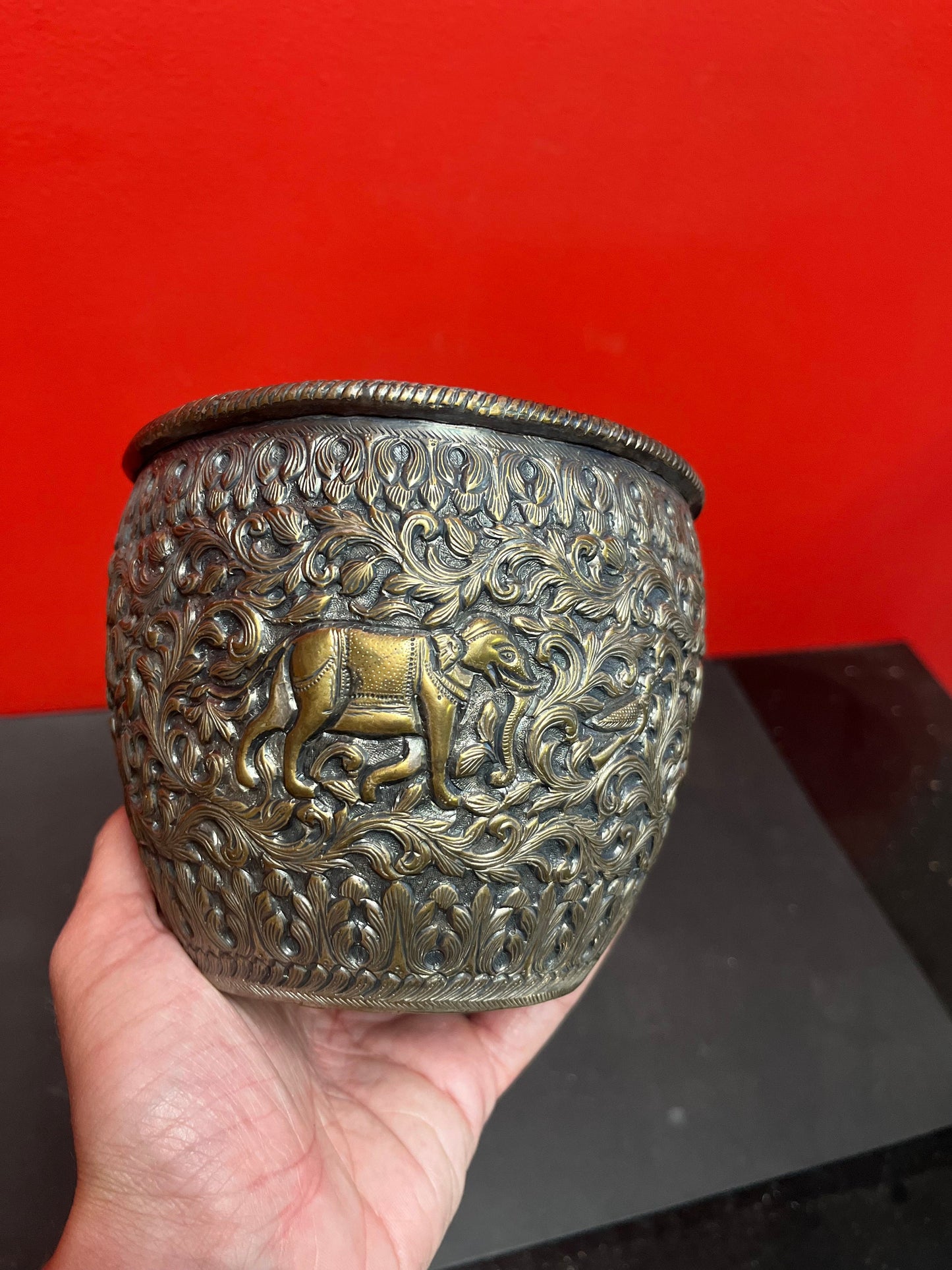 5 x 5.5 brass on silver plate plant pot  Indian raj silver  amazing detail and imagery  wow