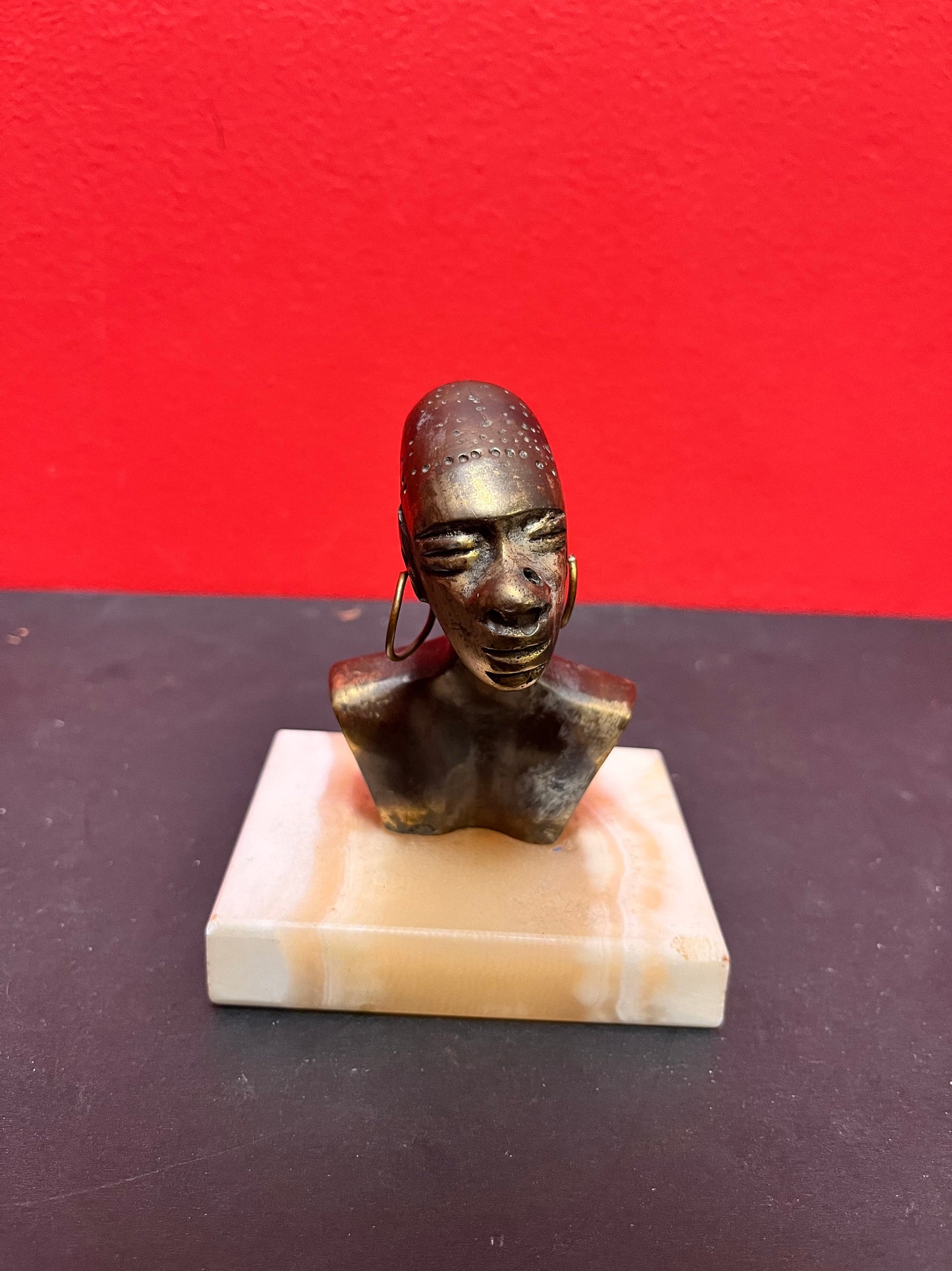 4 x 5 high African bronze statue on onyx stand  lovely patina and look  Benin ?