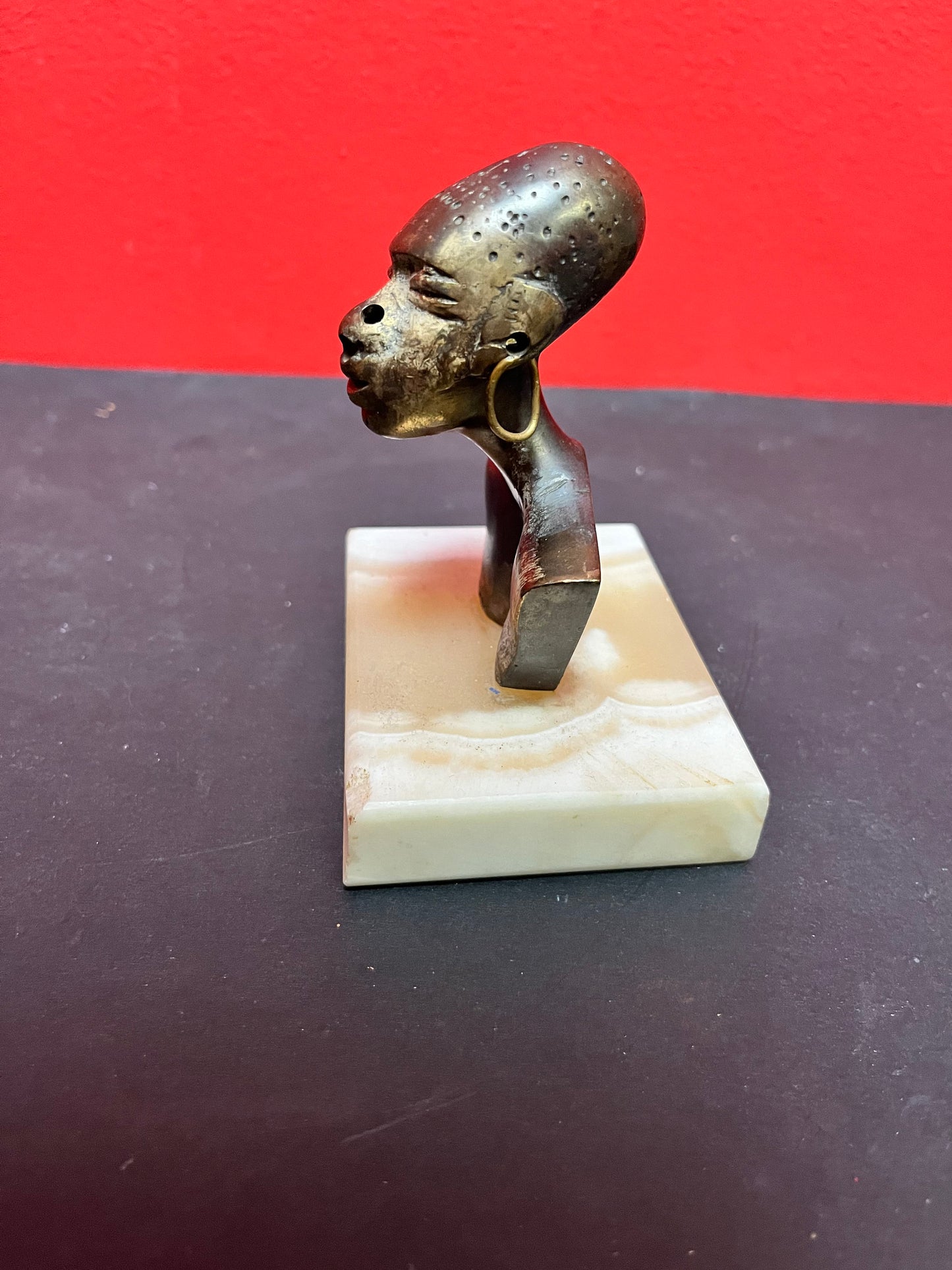 4 x 5 high African bronze statue on onyx stand  lovely patina and look  Benin ?