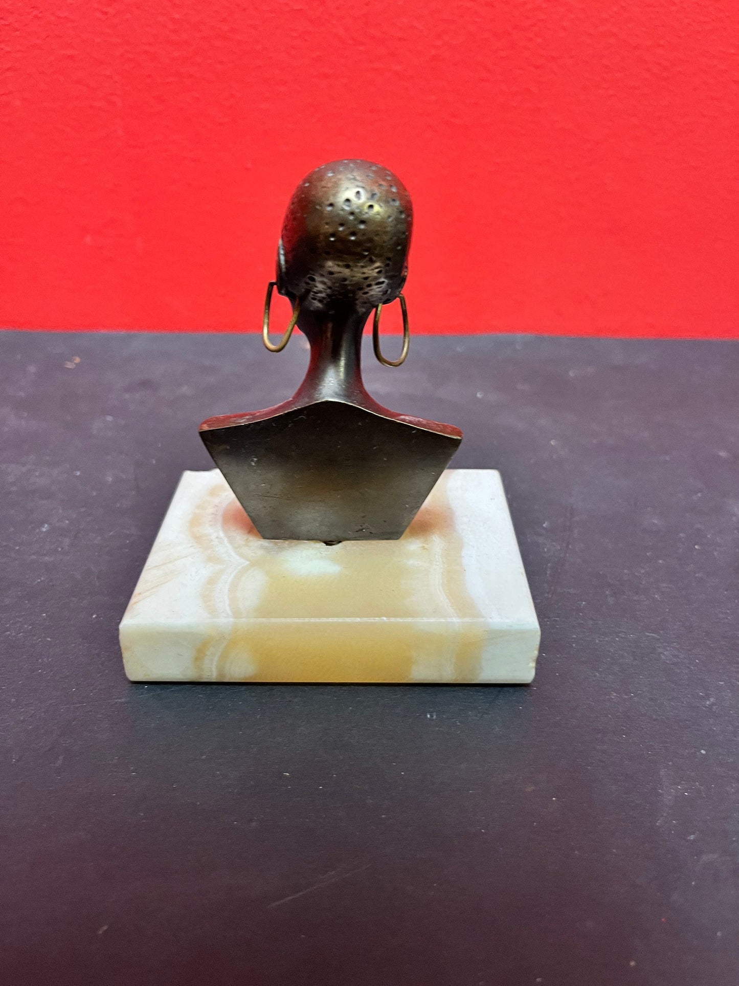 4 x 5 high African bronze statue on onyx stand  lovely patina and look  Benin ?