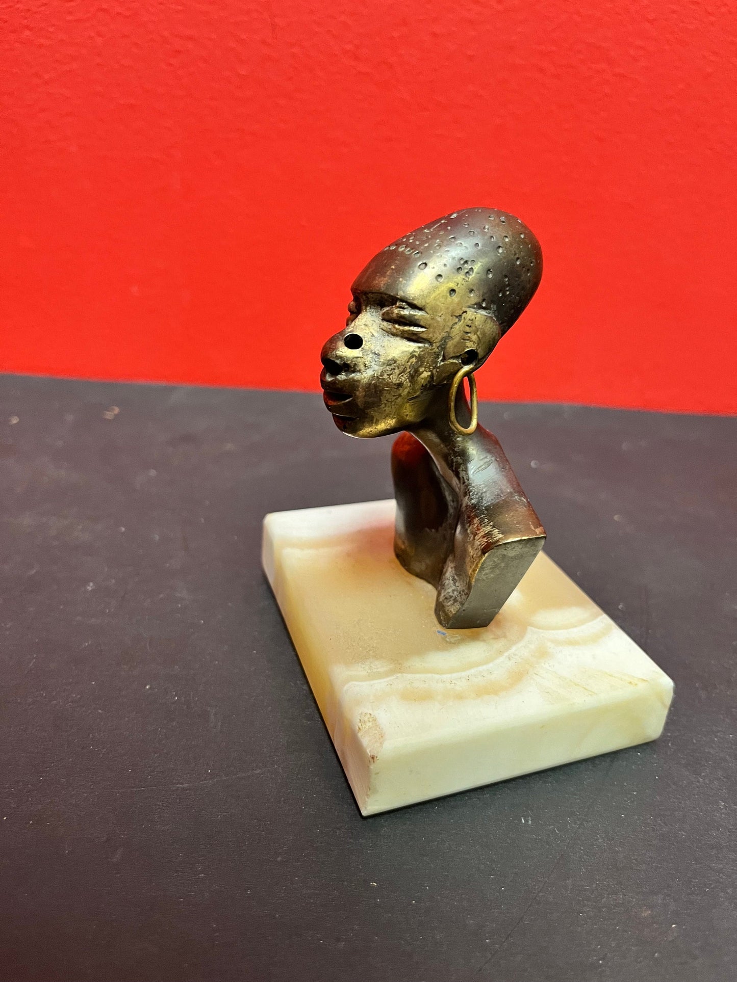 4 x 5 high African bronze statue on onyx stand  lovely patina and look  Benin ?