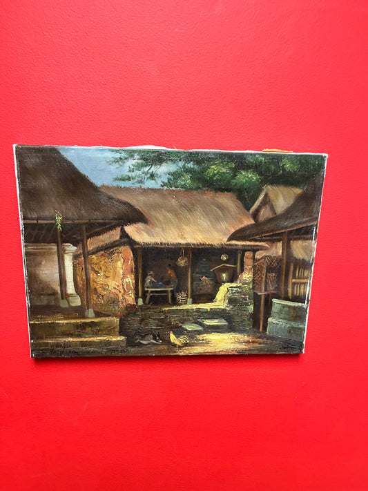 16 x 11.5 x 1 Original signed Indonesian painting on canvas  Unframed and older piece  Great detail