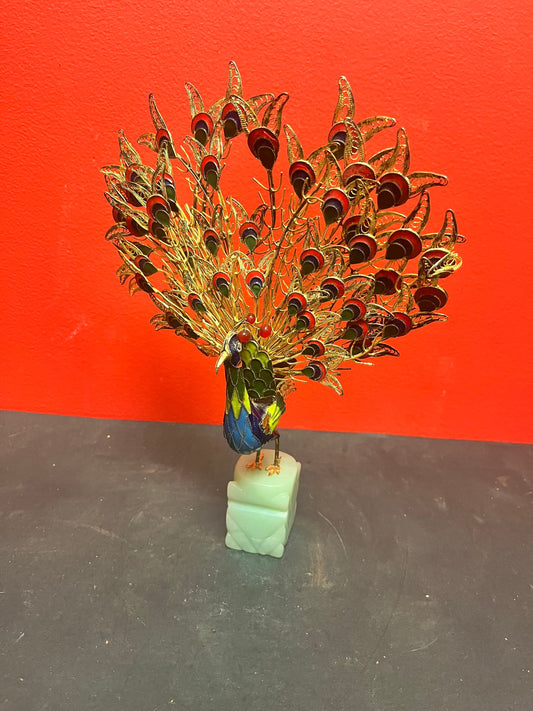 Stunning 12 inch tall Chinese older enamel gold filigree Peacock on Jade stand  little loose on base  wonderful detailing and condition