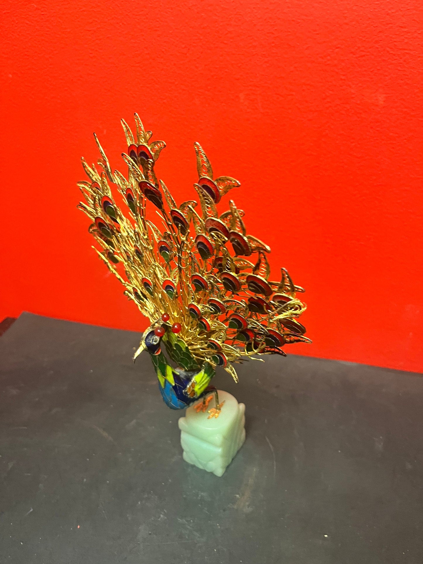 Stunning 12 inch tall Chinese older enamel gold filigree Peacock on Jade stand  little loose on base  wonderful detailing and condition
