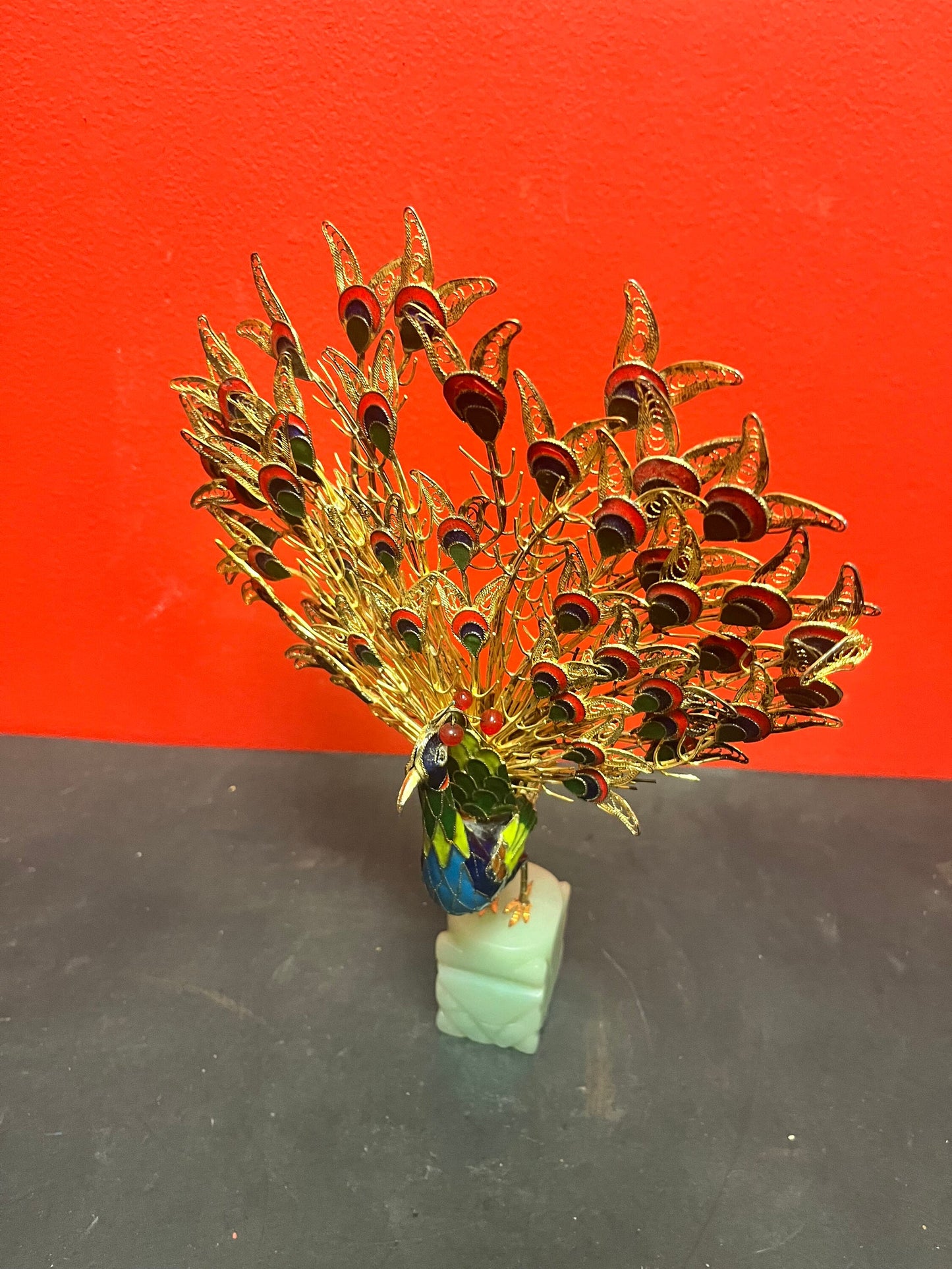 Stunning 12 inch tall Chinese older enamel gold filigree Peacock on Jade stand  little loose on base  wonderful detailing and condition