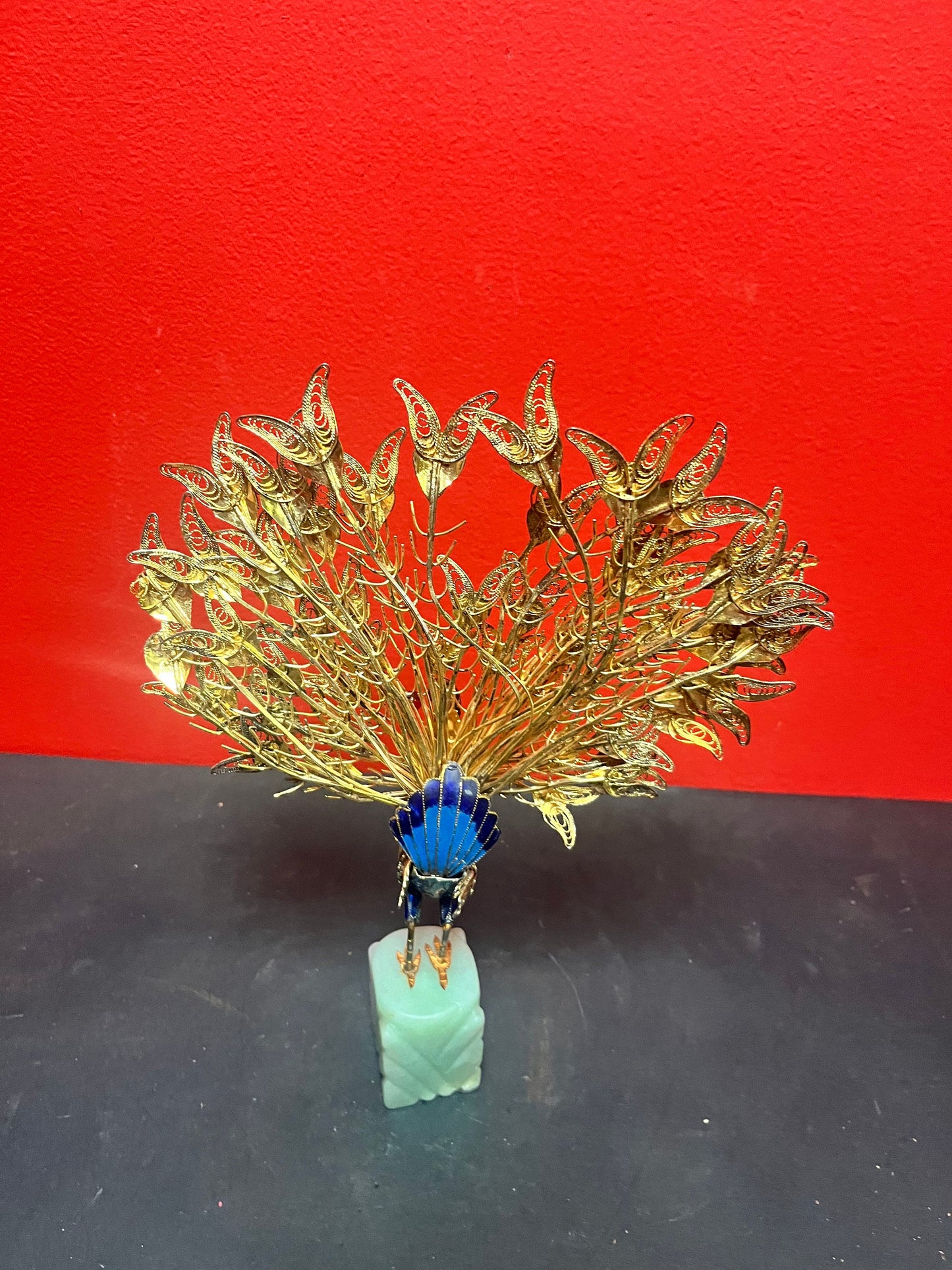 Stunning 12 inch tall Chinese older enamel gold filigree Peacock on Jade stand  little loose on base  wonderful detailing and condition