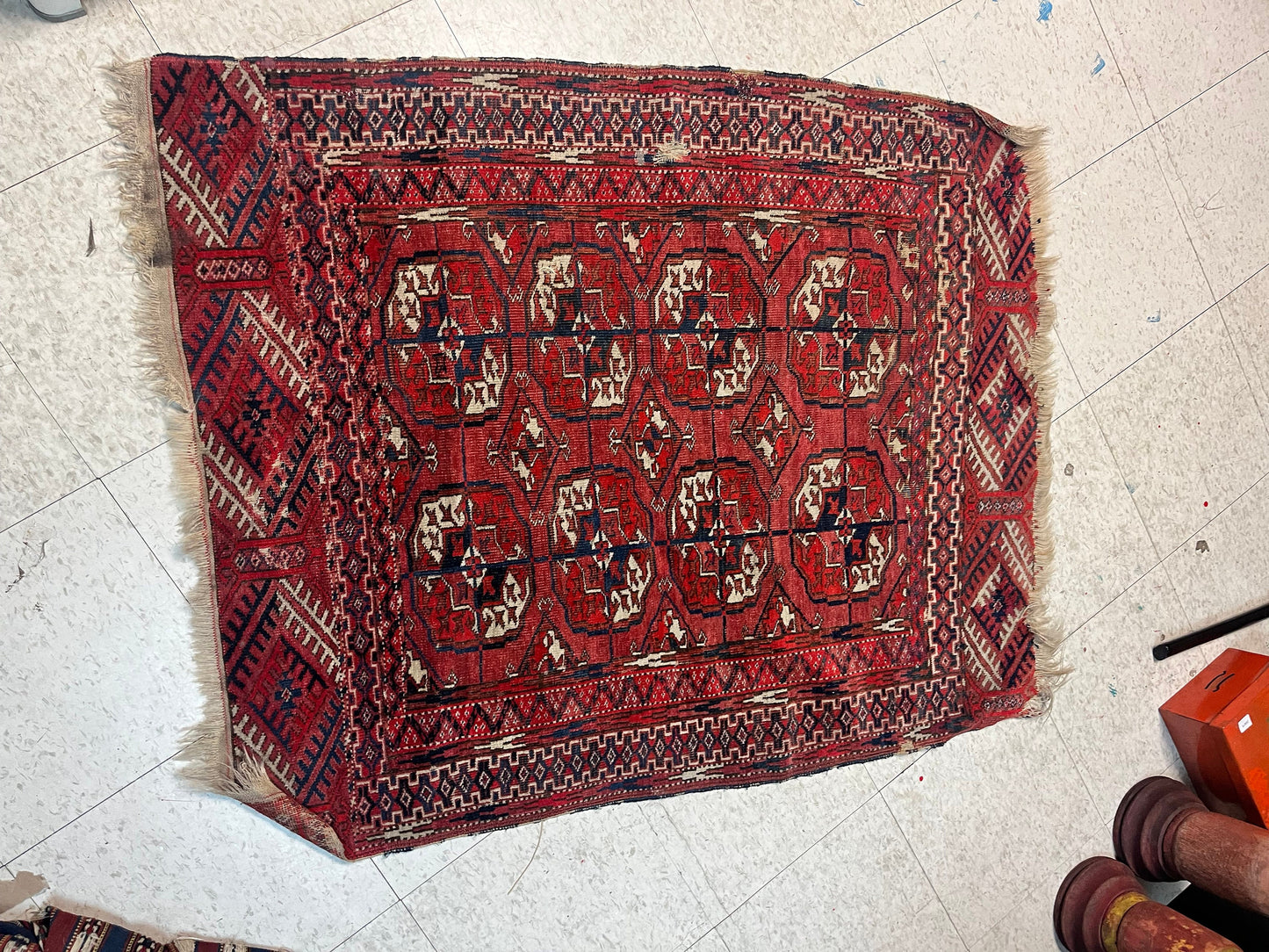 Lovely antique 48 x 37 Persian rug   great quality and would look good in kitchen  fabulous colours