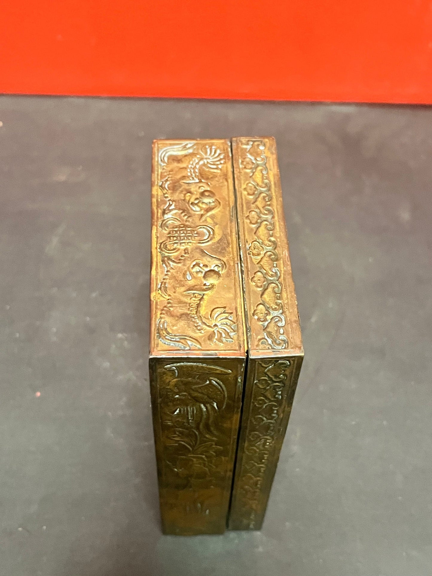 Fabulous 6 x 4 x 2 high antique Chinese brass box with dragons   wood lined  lovely patina  great gift